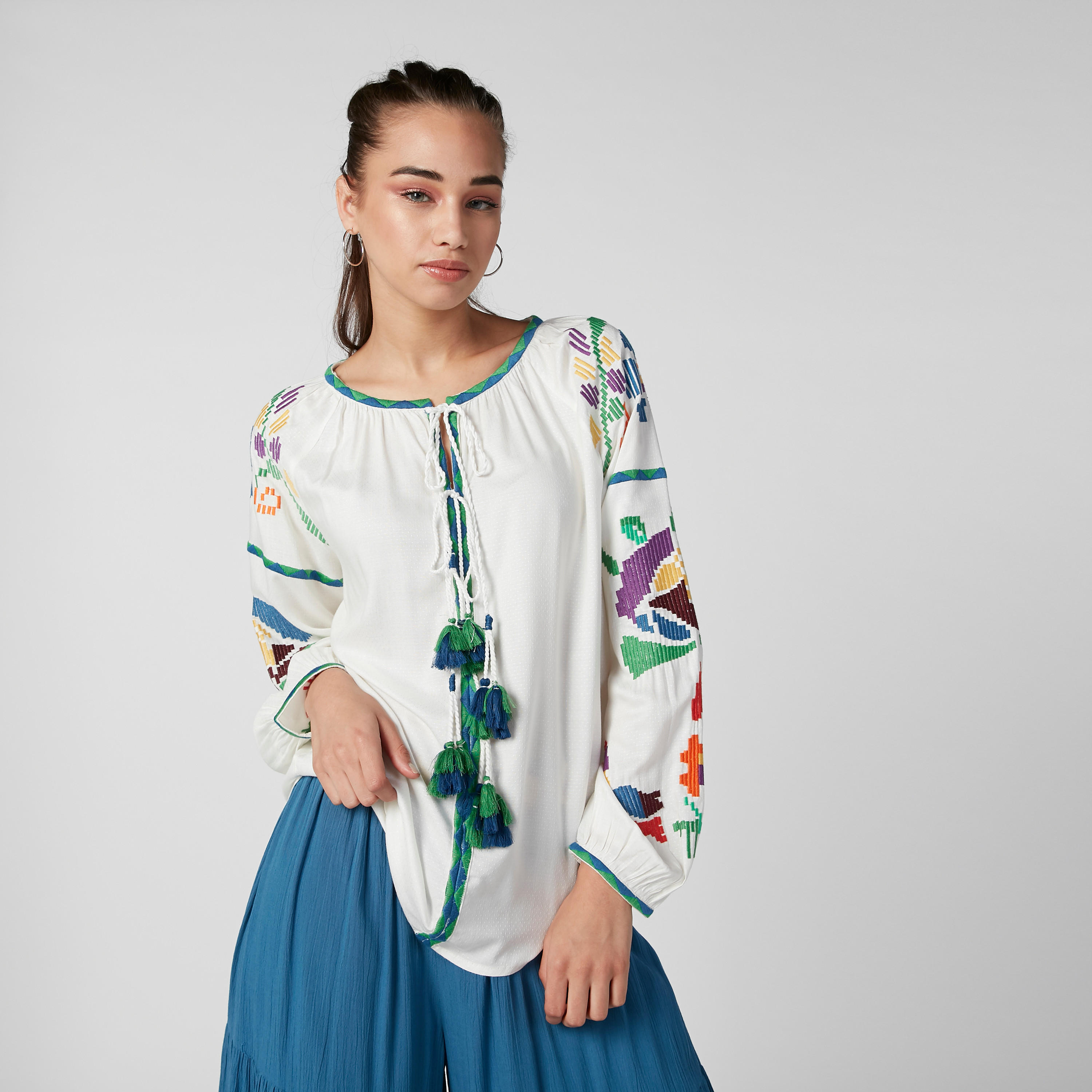 Embroidered Top with Long Sleeves and Tie Ups-women-clothing-shirtsandblouses-blouses-image-2