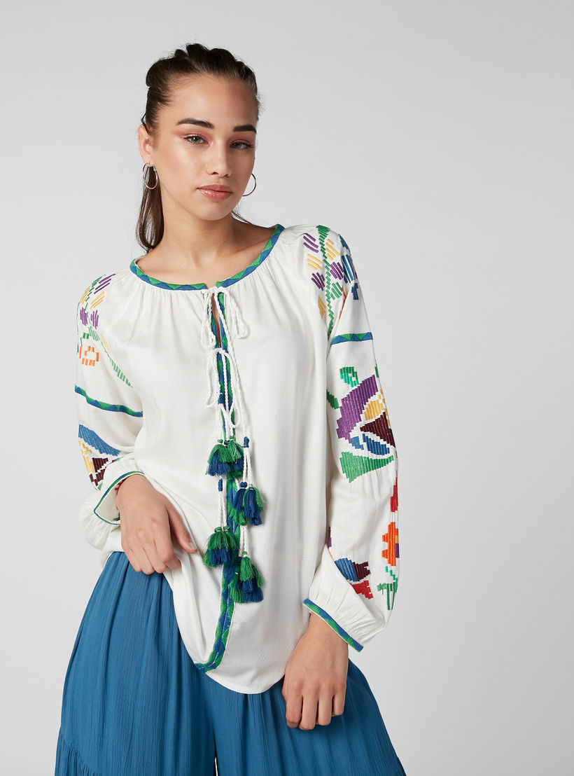 Embroidered Top with Long Sleeves and Tie Ups-women-clothing-shirtsandblouses-blouses-image-2