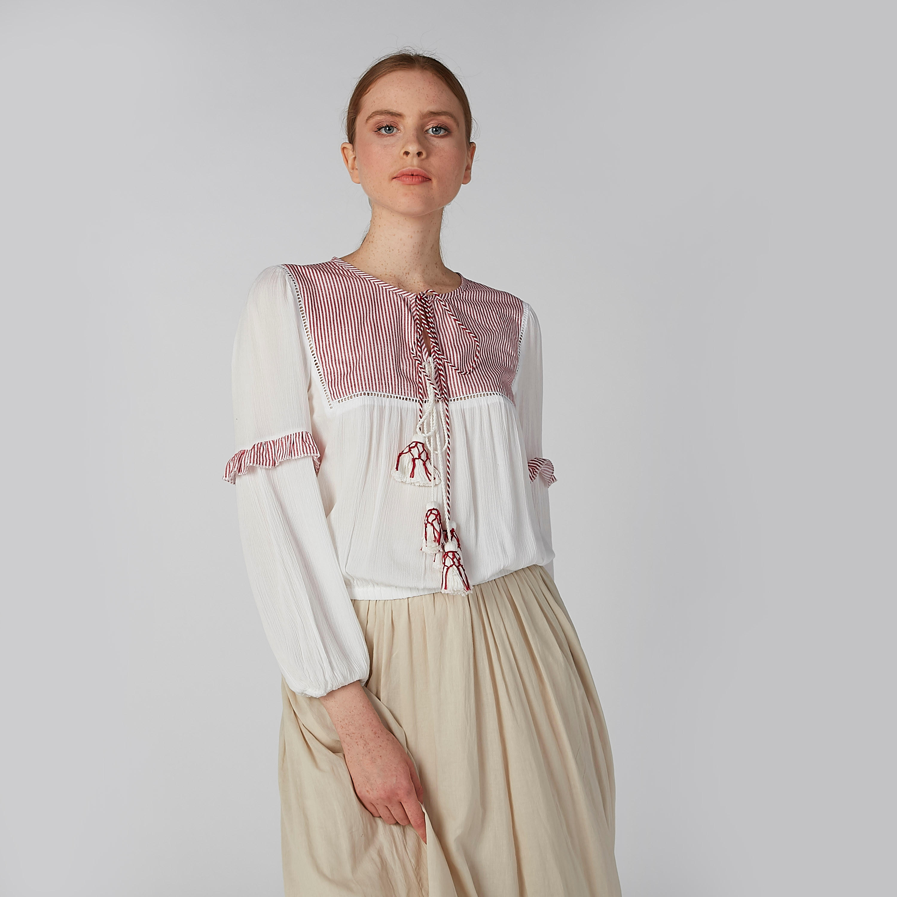 بلوزة مقلّمة بتفاصيل كشكش وأربطة-women-clothing-shirtsandblouses-blouses-image-1