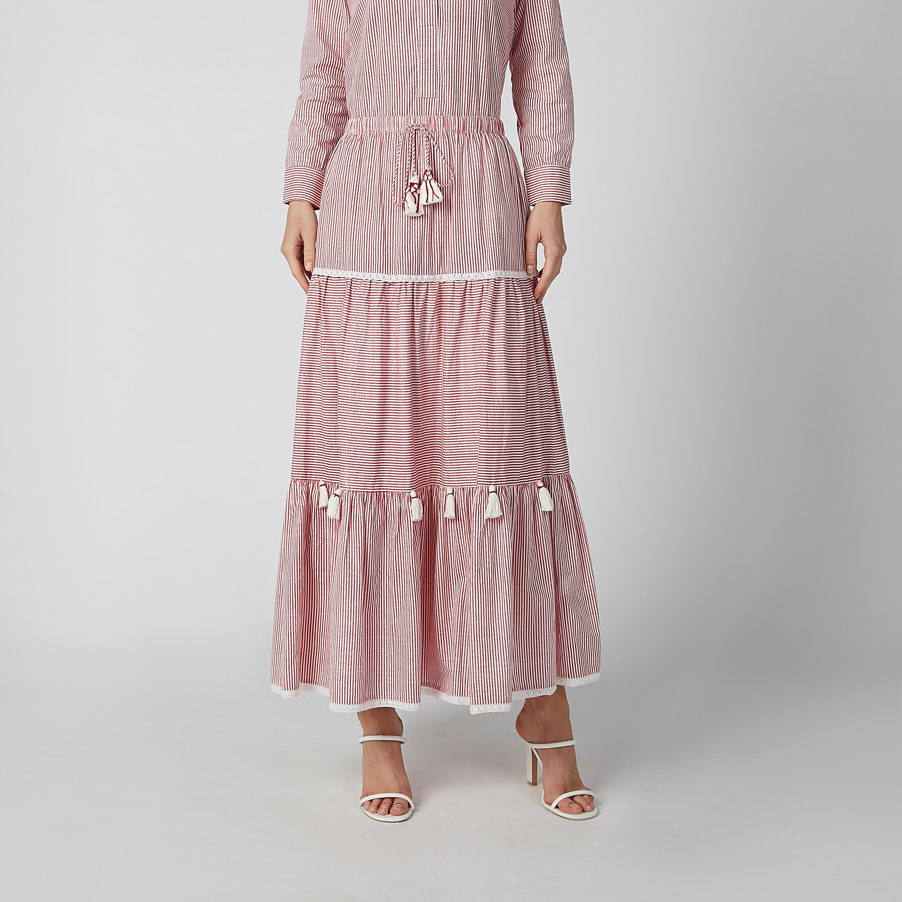 Striped Maxi A-line Skirt with Tassels and Drawstring-women-clothing-bottoms-skirts-image-1