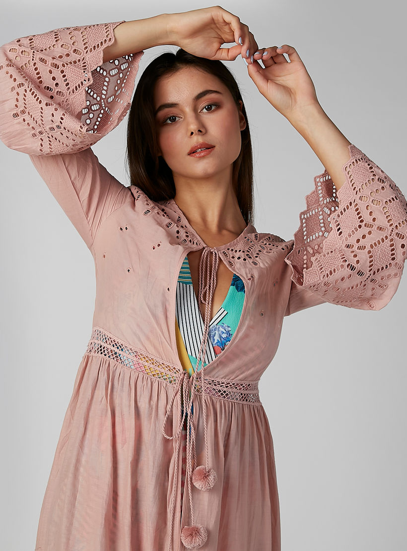 Textured Cardigan with Bell Sleeves and Tie Ups-women-winterwear-cardigansandjumpers-cardigans-image-4