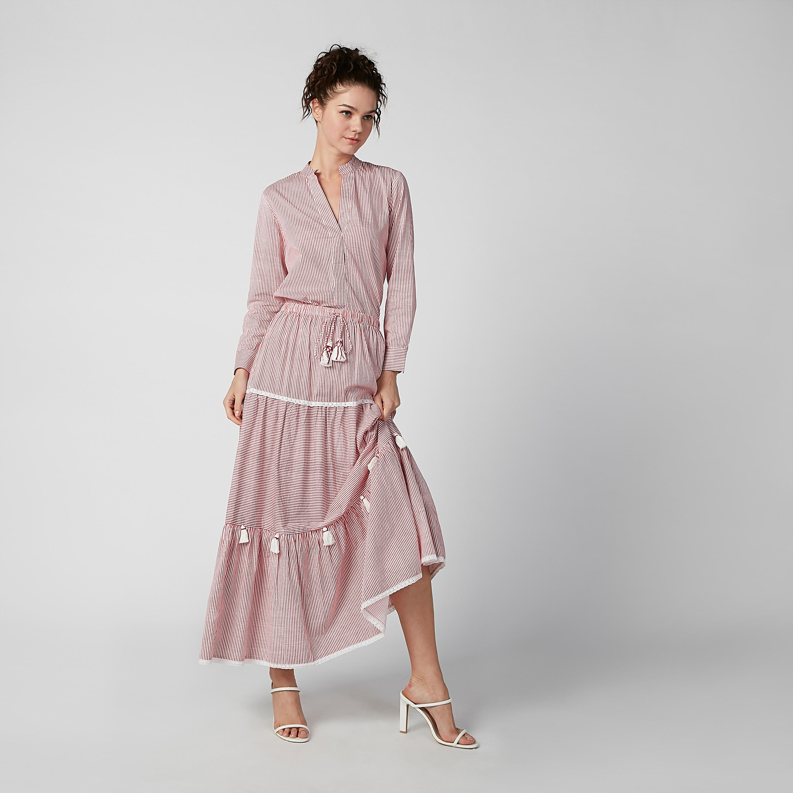 بلوزة طويلة مقلمة بأكمام طويلة وحواف غير مستوية-women-clothing-shirtsandblouses-blouses-image-1