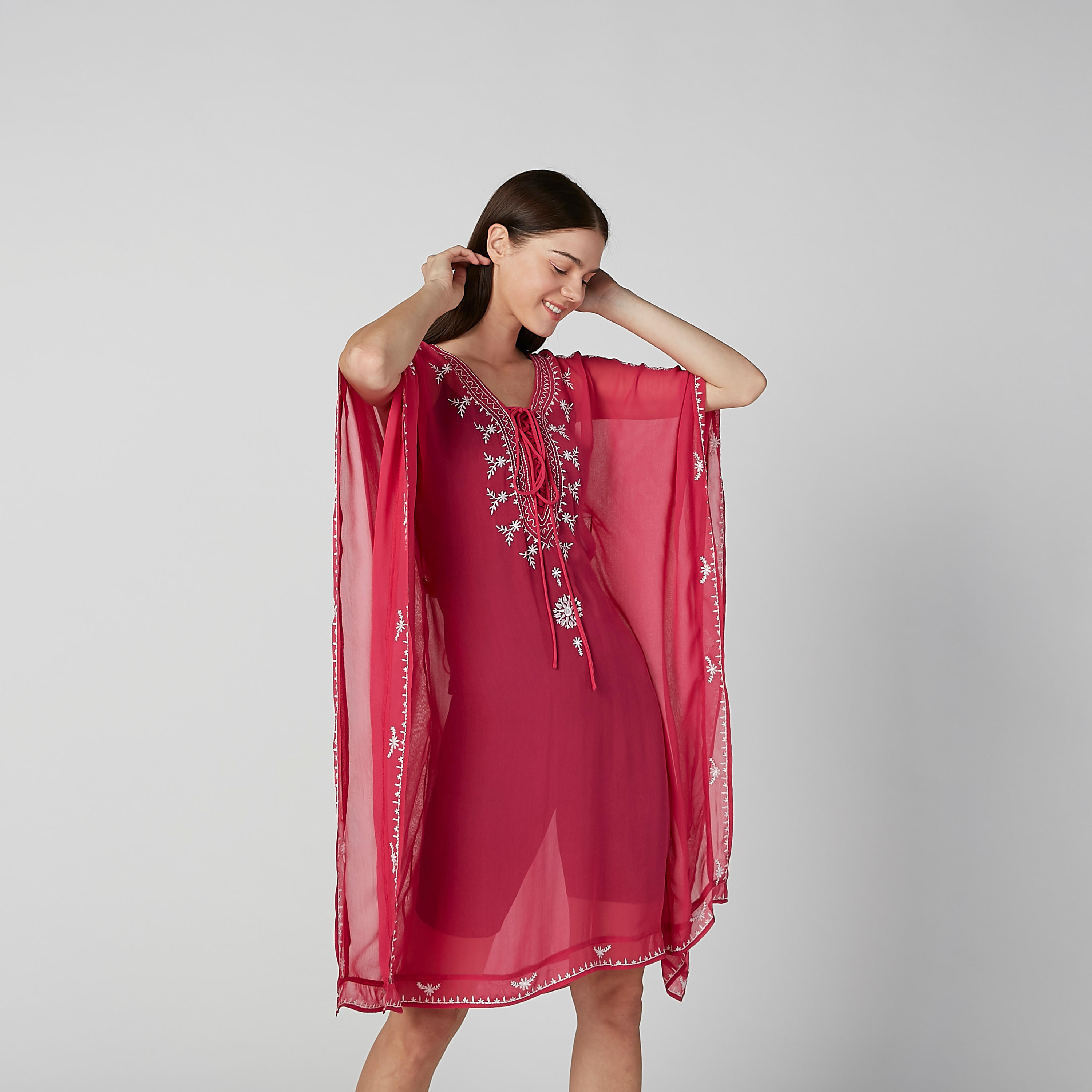 فستان قفطان مطرّز بأكمام قصيرة وأربطة-women-clothing-dresses-image-1