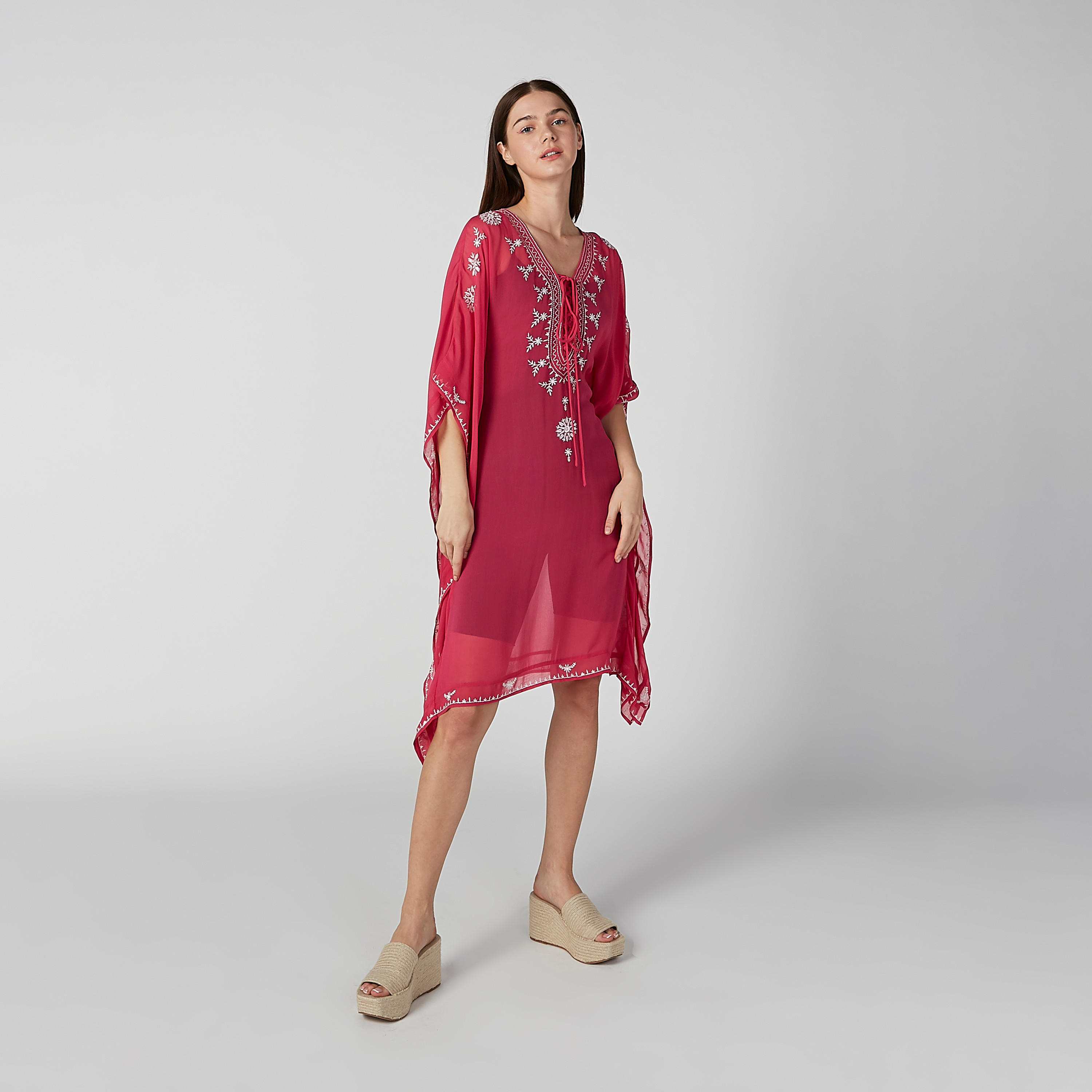 فستان قفطان مطرّز بأكمام قصيرة وأربطة-women-clothing-dresses-image-2