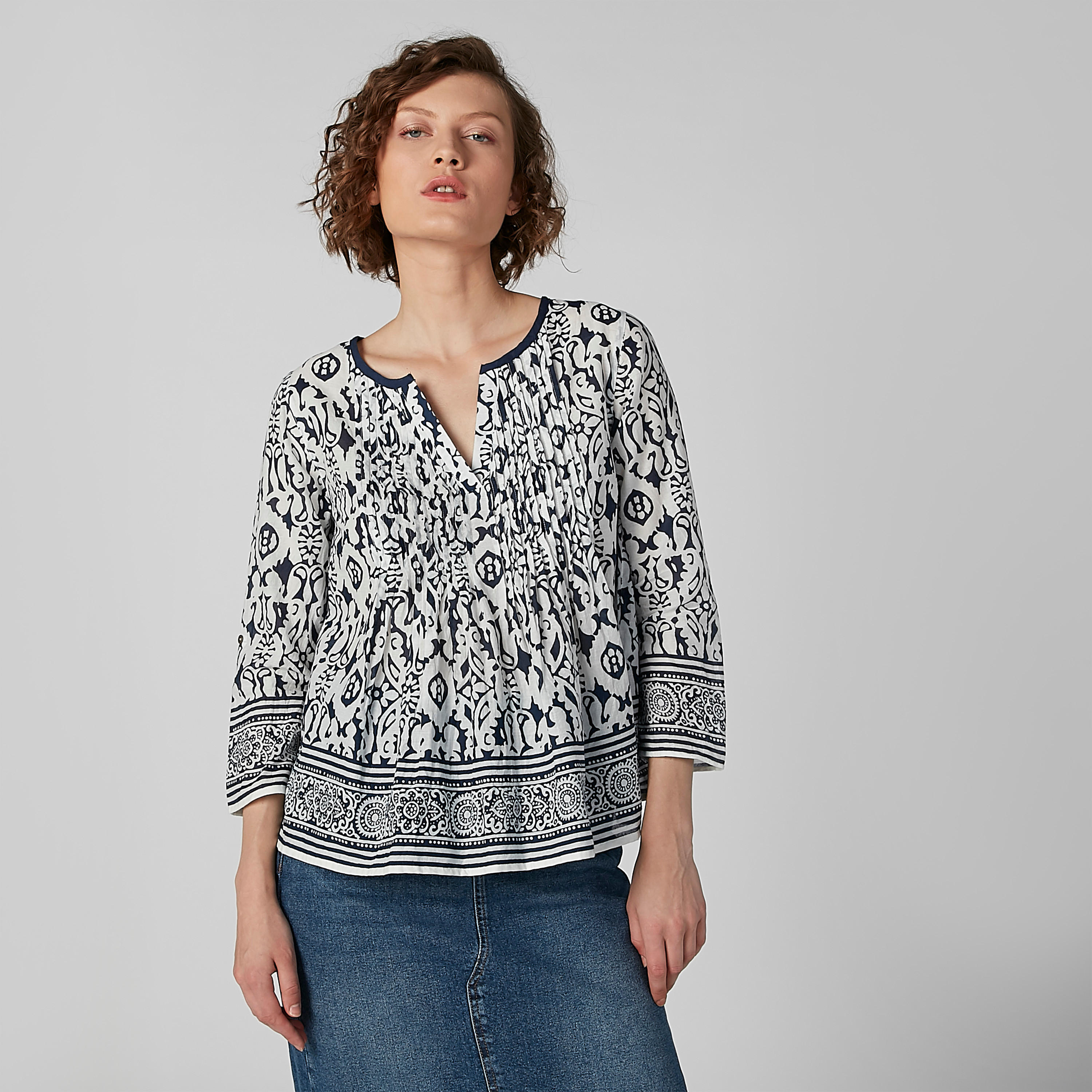 بلوزة بأكمام 3/4 وثنيات وطبعات-women-clothing-shirtsandblouses-blouses-image-1