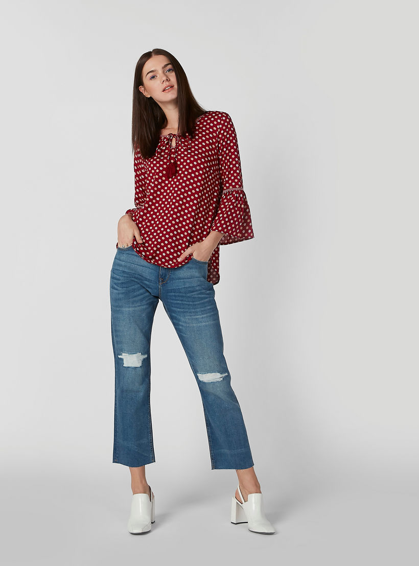 بلوزة مستدامة بياقة مستديرة وأكمام واسعة وطبعات-women-clothing-shirtsandblouses-blouses-image-2