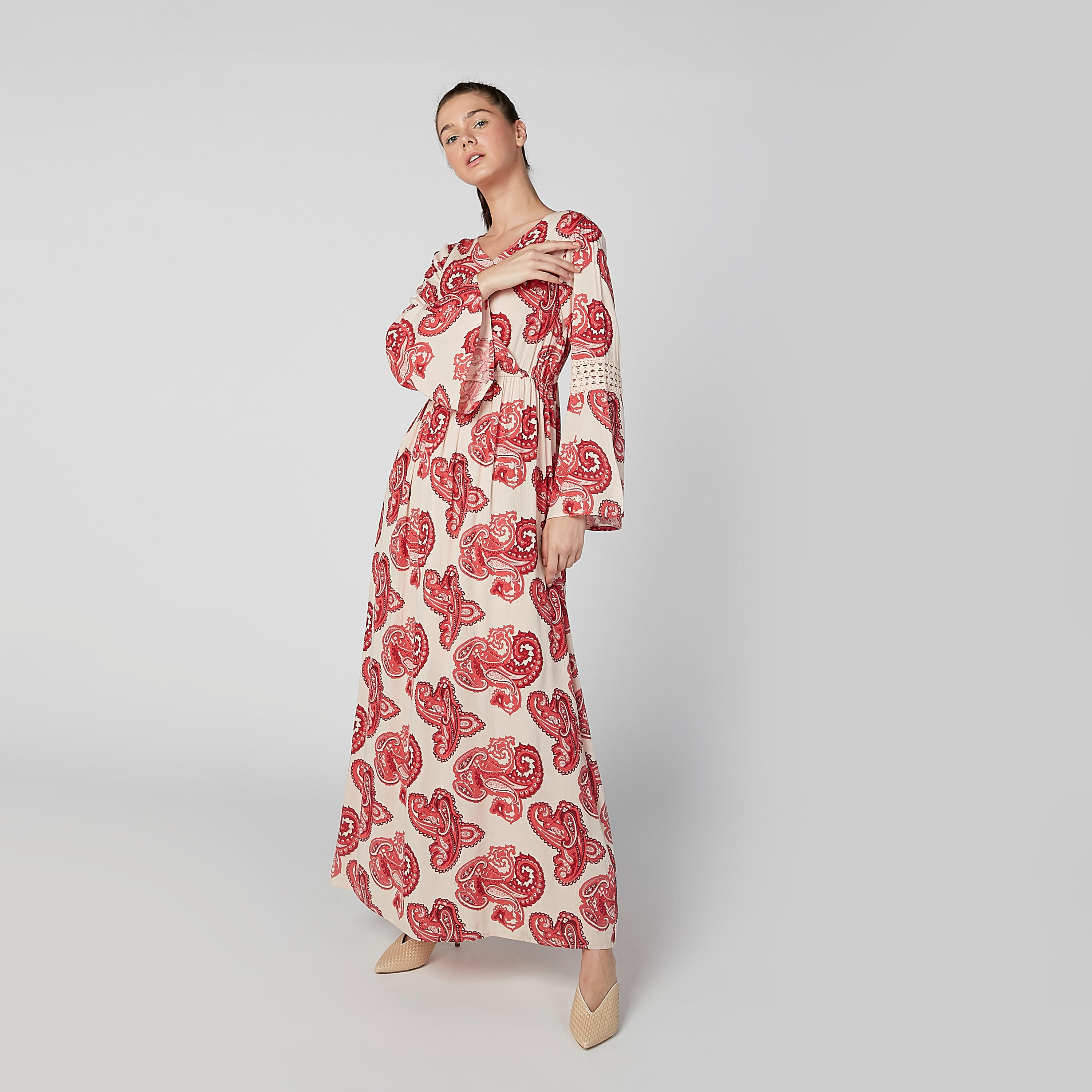 فستان مستدام إيه لاين بياقة V وأكمام عريضة وطبعات-women-clothing-dresses-image-1