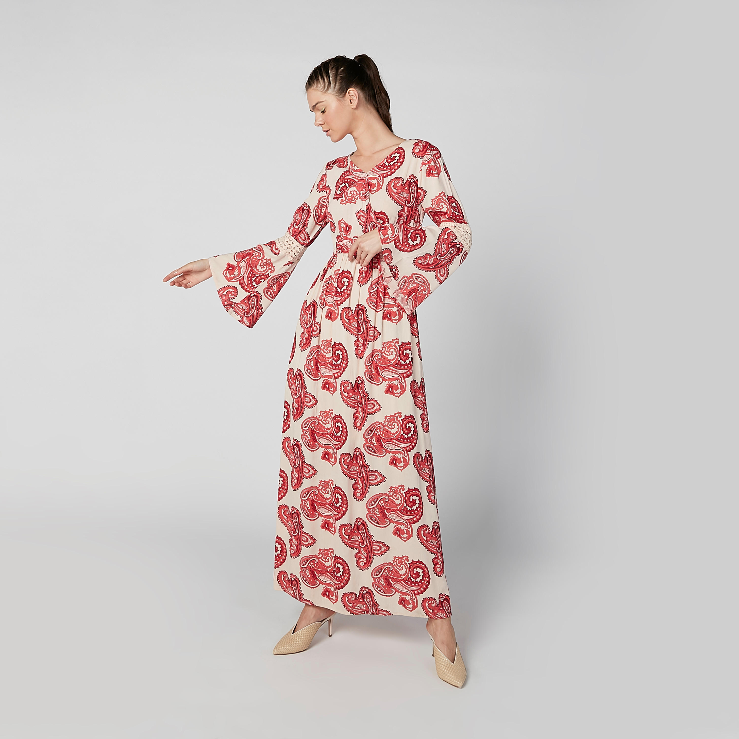 فستان مستدام إيه لاين بياقة V وأكمام عريضة وطبعات-women-clothing-dresses-image-6