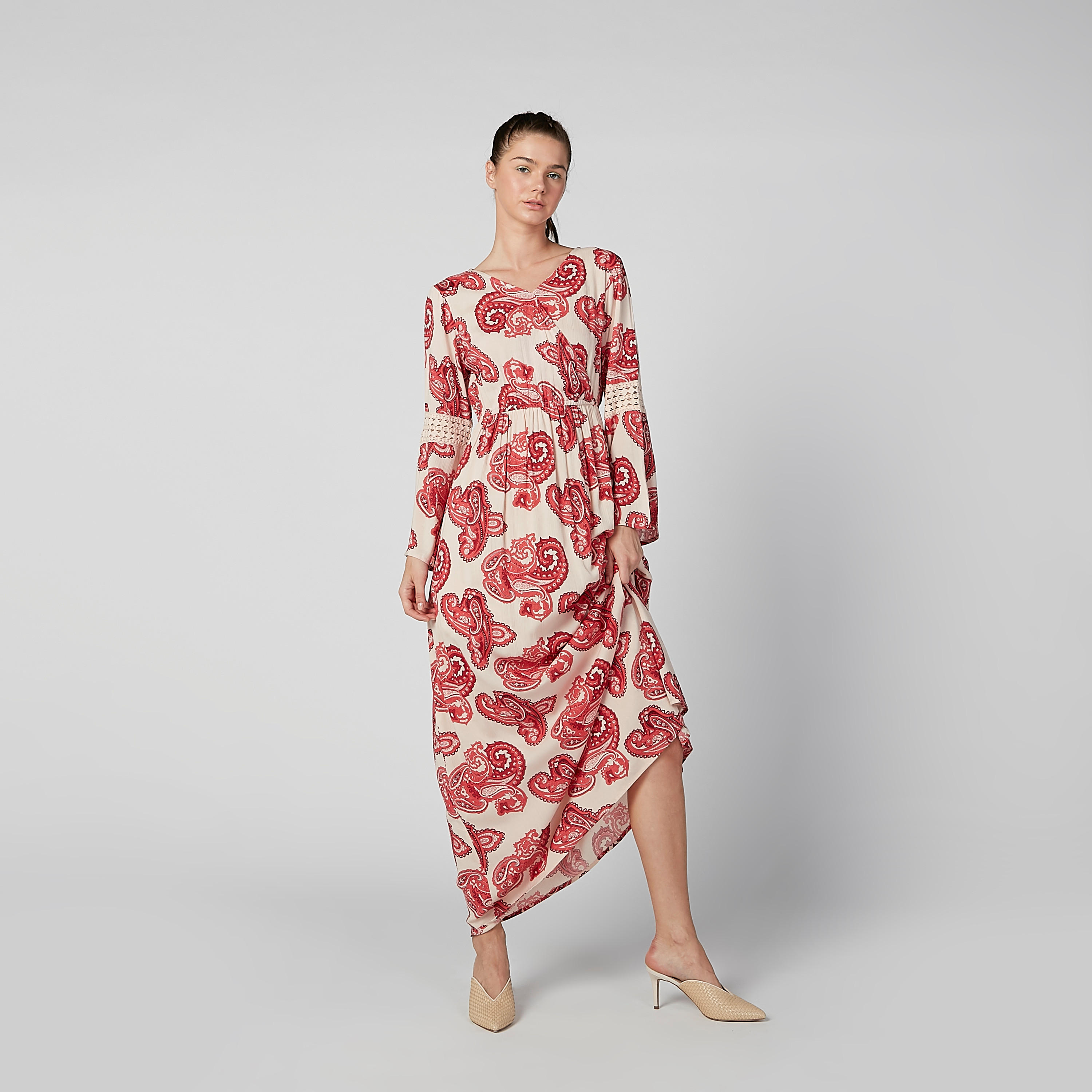 فستان مستدام إيه لاين بياقة V وأكمام عريضة وطبعات-women-clothing-dresses-image-7