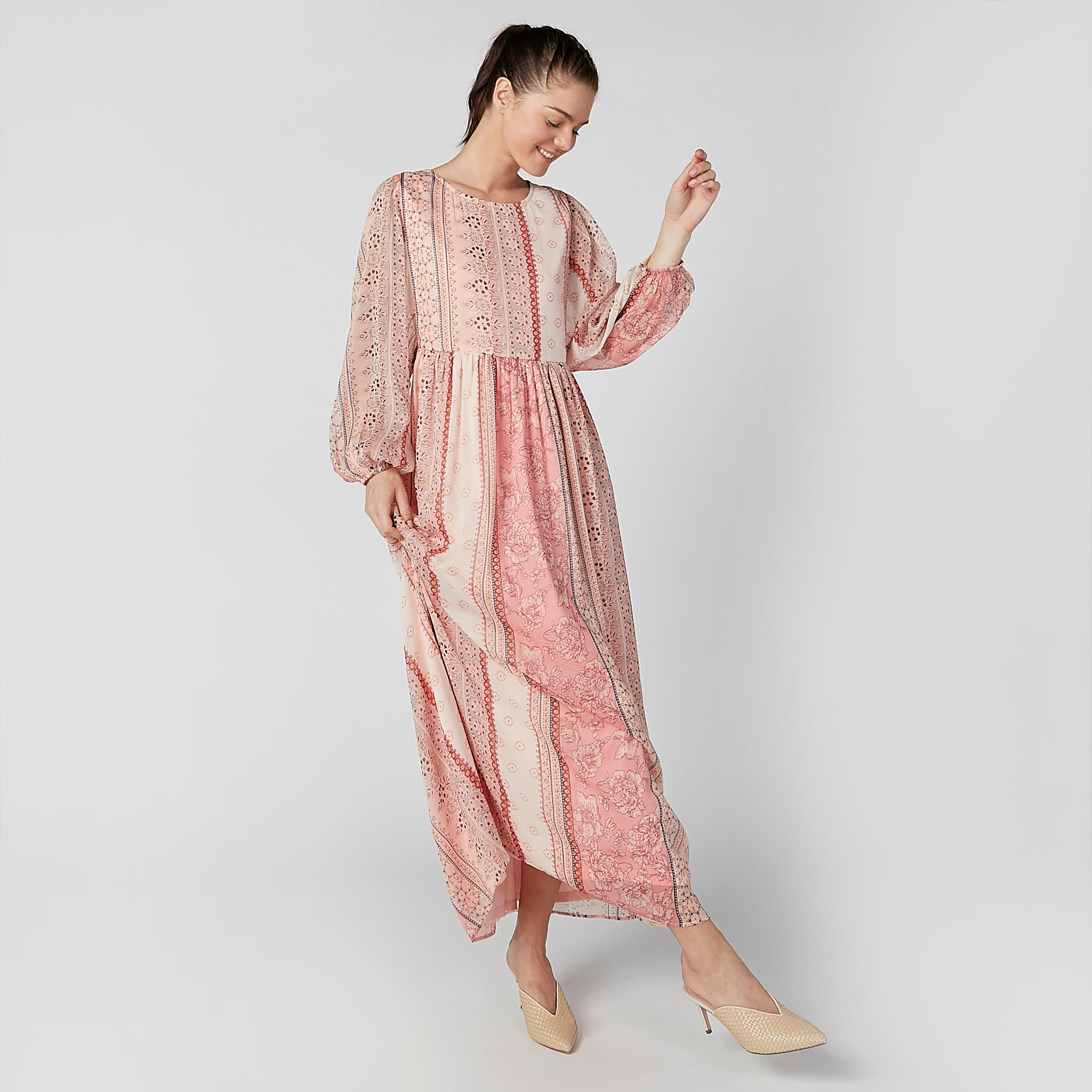 فستان طويل أي لاين بياقة مستديرة وأكمام بوهو مع طبعات-women-clothing-dresses-image-1