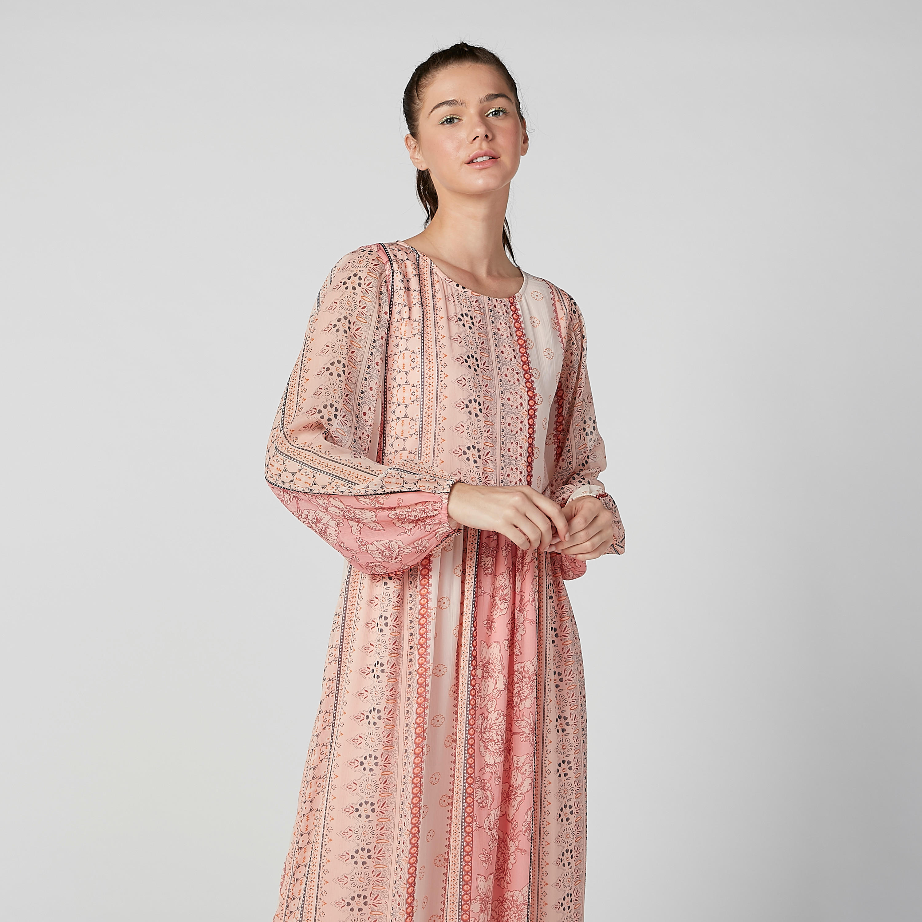 فستان طويل أي لاين بياقة مستديرة وأكمام بوهو مع طبعات-women-clothing-dresses-image-2
