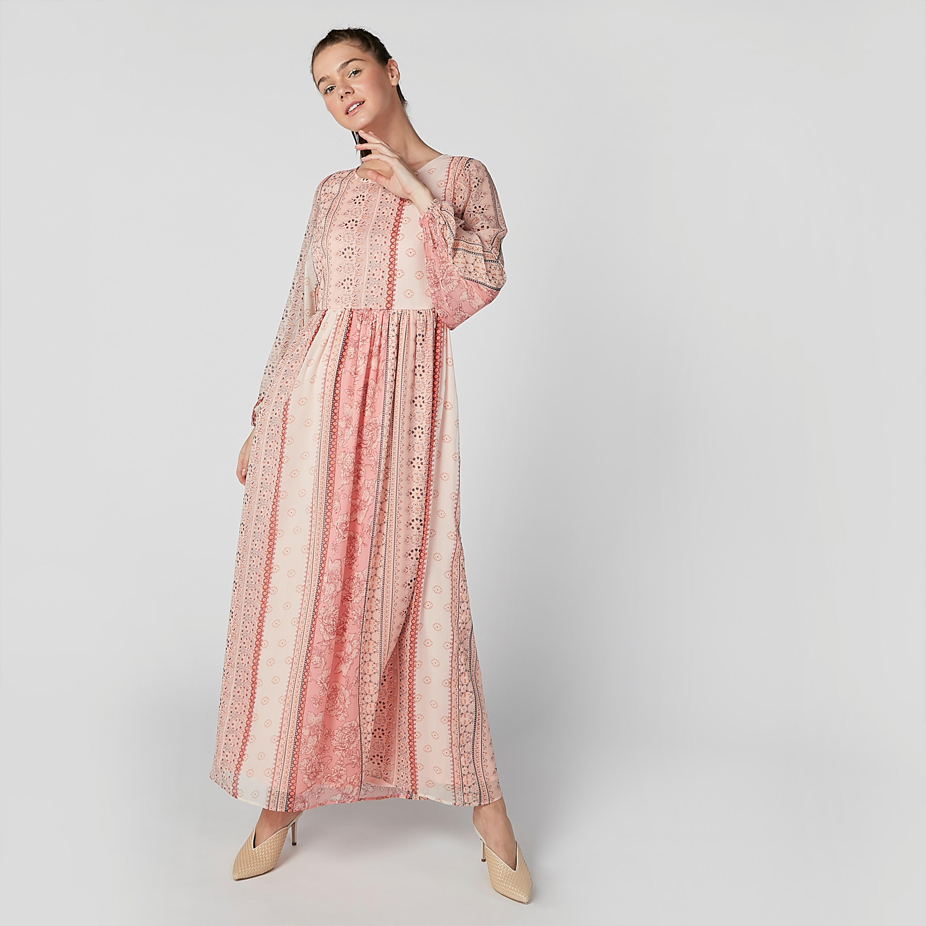 فستان طويل أي لاين بياقة مستديرة وأكمام بوهو مع طبعات-women-clothing-dresses-image-4