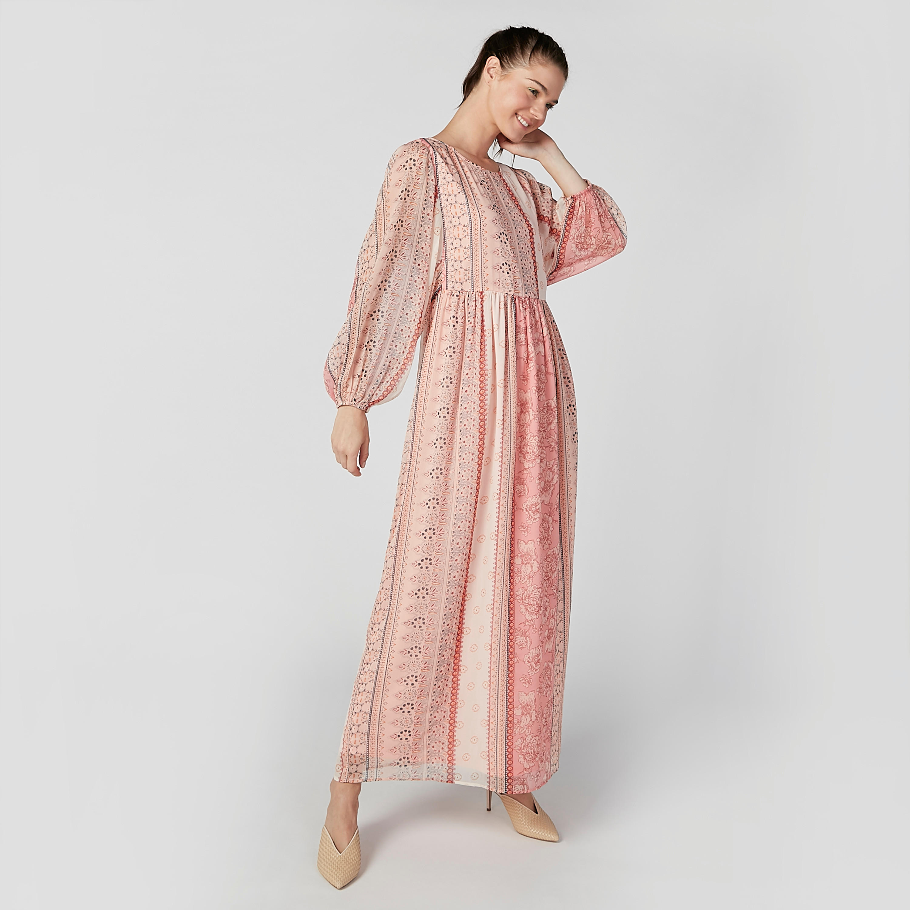 فستان طويل أي لاين بياقة مستديرة وأكمام بوهو مع طبعات-women-clothing-dresses-image-5