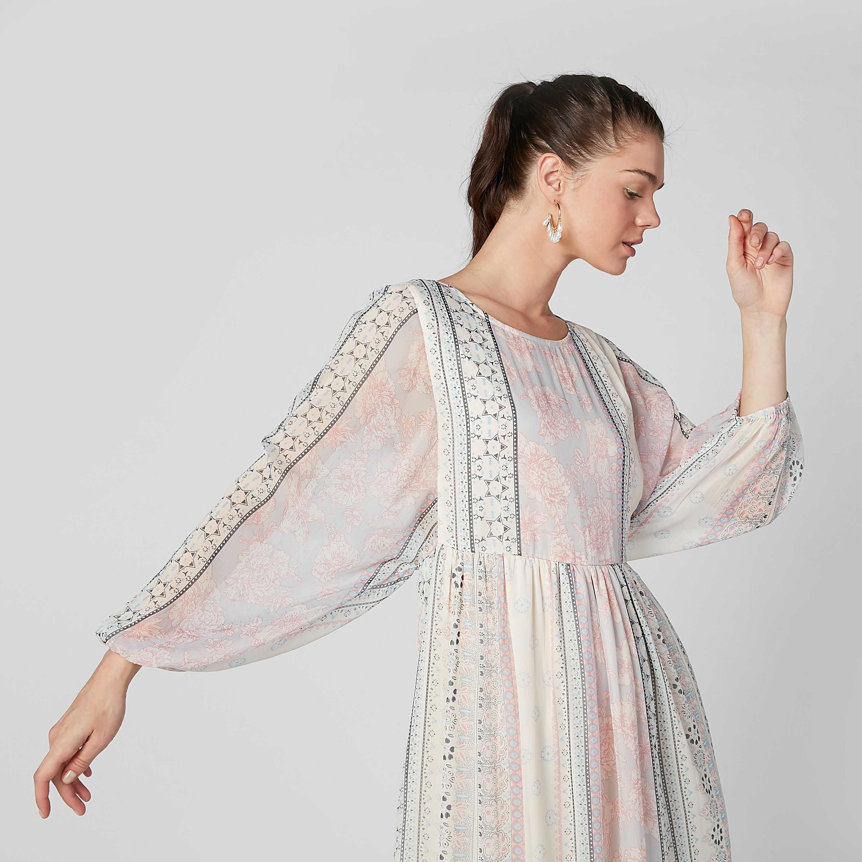Printed Maxi A-line Dress with Round Neck and Bishop Sleeves-women-clothing-dresses-image-3