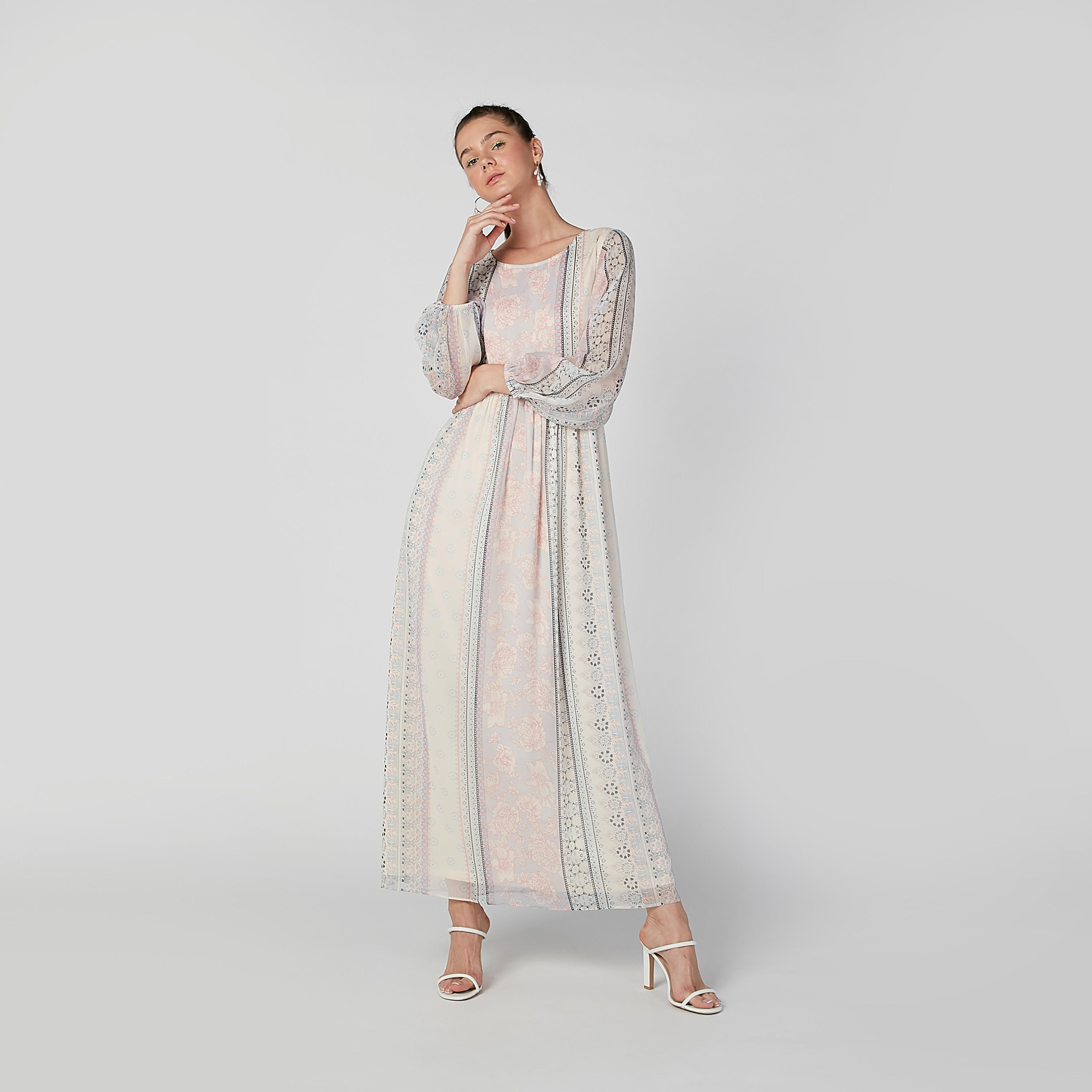 Printed Maxi A-line Dress with Round Neck and Bishop Sleeves-women-clothing-dresses-image-4