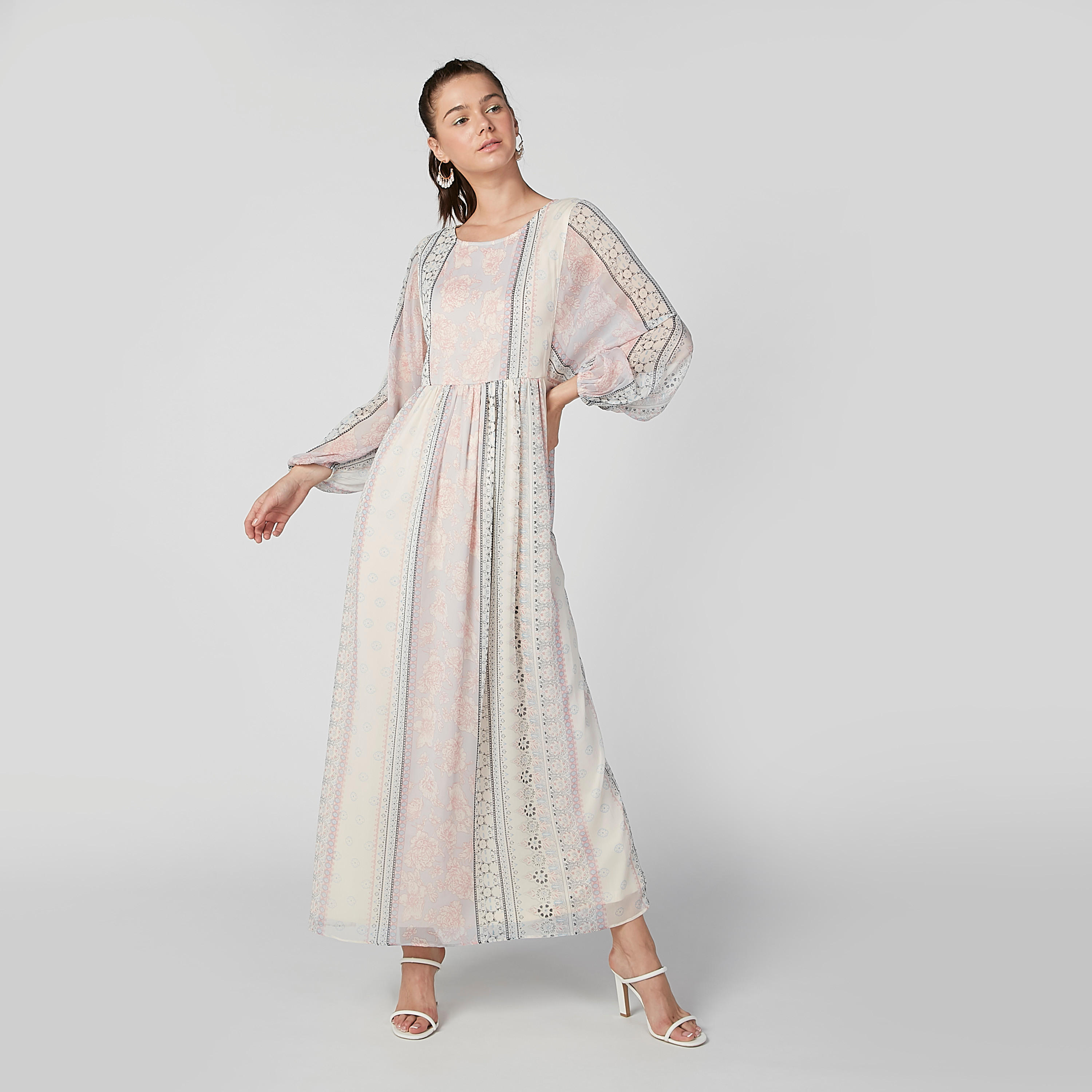 Printed Maxi A-line Dress with Round Neck and Bishop Sleeves-women-clothing-dresses-image-1
