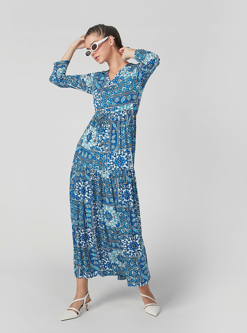 فستان إيه لاين طويل بياقة V وأكمام طويلة وطبعات-women-clothing-dresses-image-1