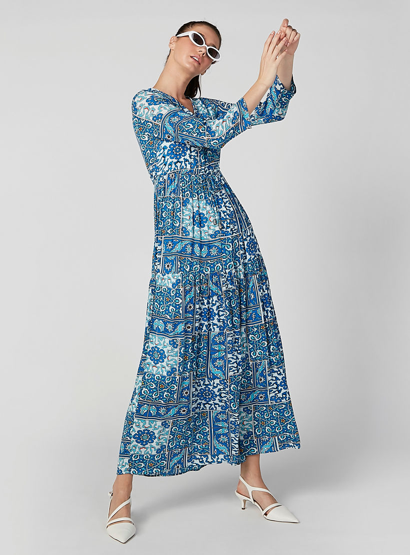 فستان إيه لاين طويل بياقة V وأكمام طويلة وطبعات-women-clothing-dresses-image-2