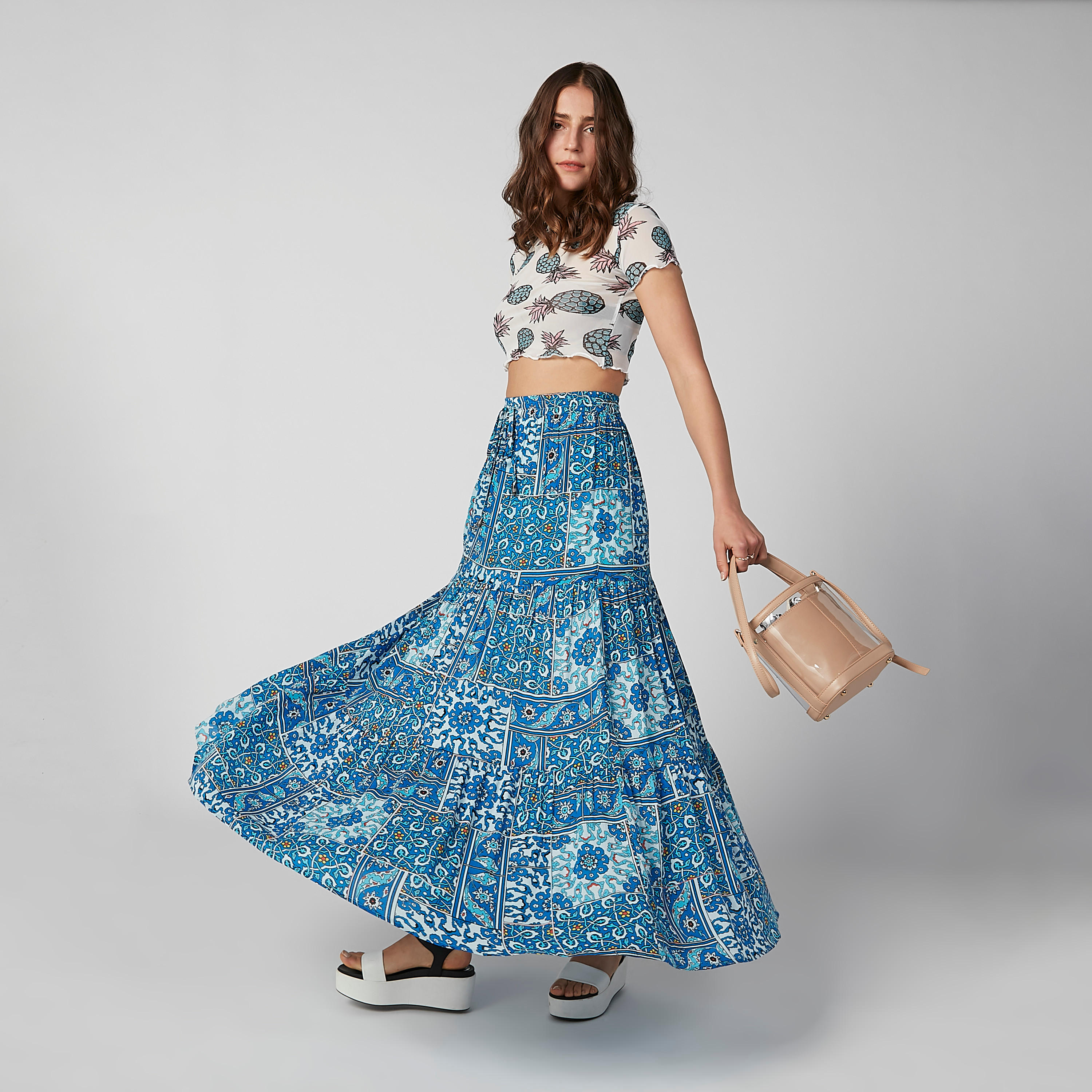 تنورة إيه لاين طويلة بخصر مطّاطي ورباط وطبعات-women-clothing-bottoms-skirts-image-3