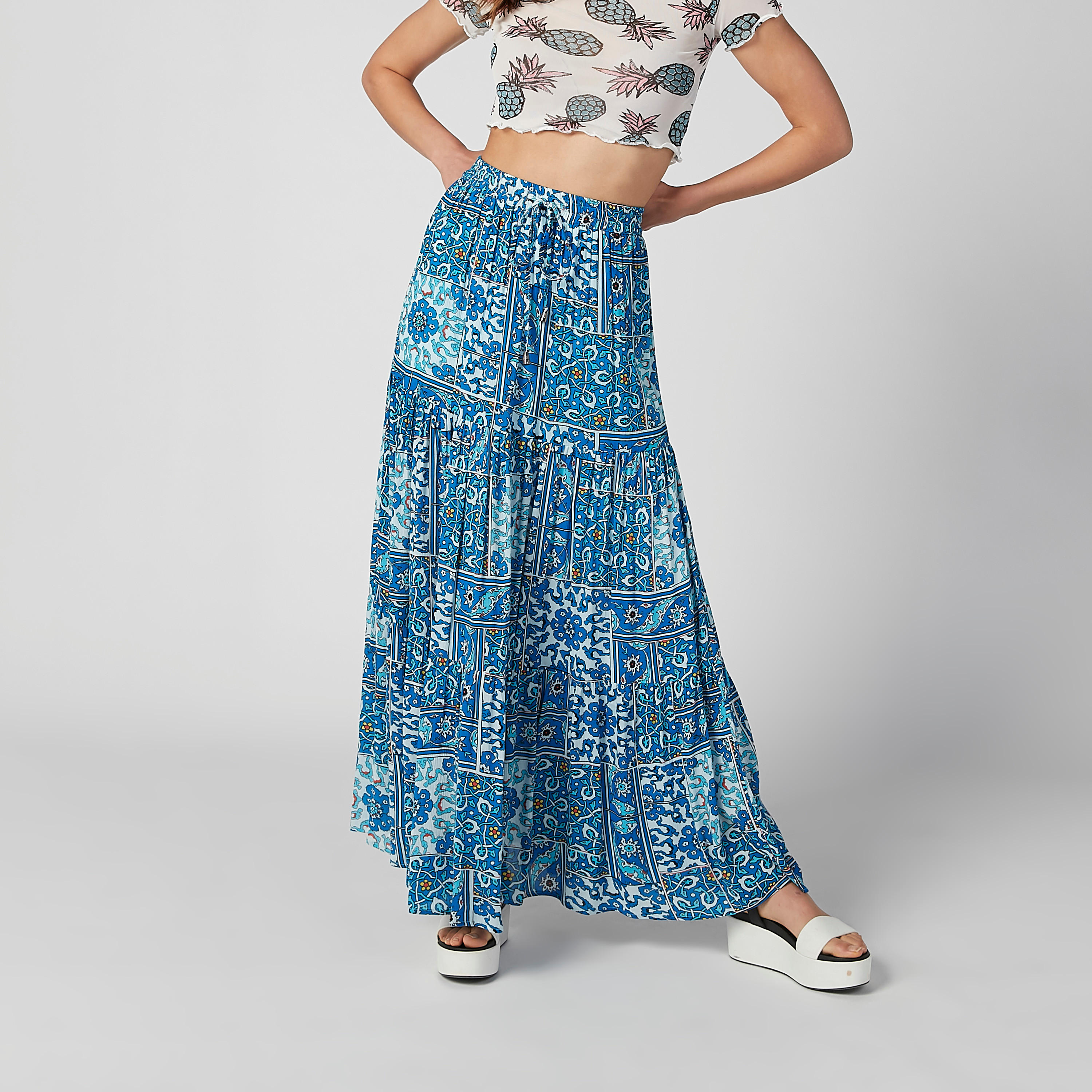 تنورة إيه لاين طويلة بخصر مطّاطي ورباط وطبعات-women-clothing-bottoms-skirts-image-1