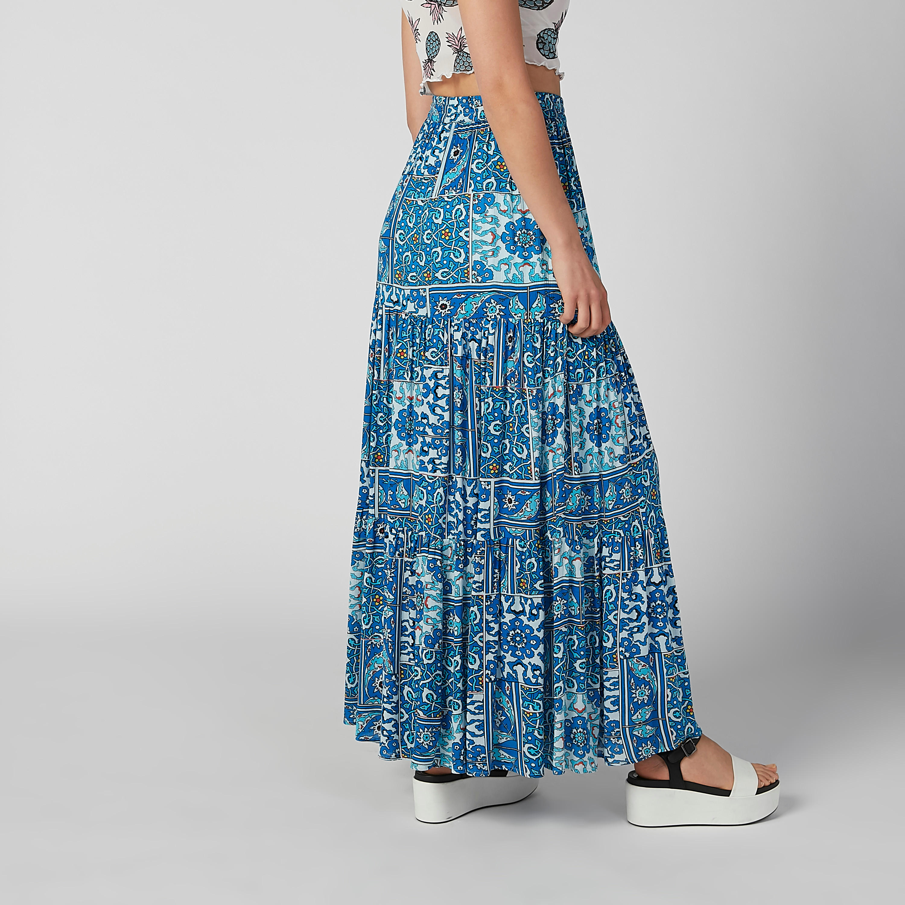 تنورة إيه لاين طويلة بخصر مطّاطي ورباط وطبعات-women-clothing-bottoms-skirts-image-2