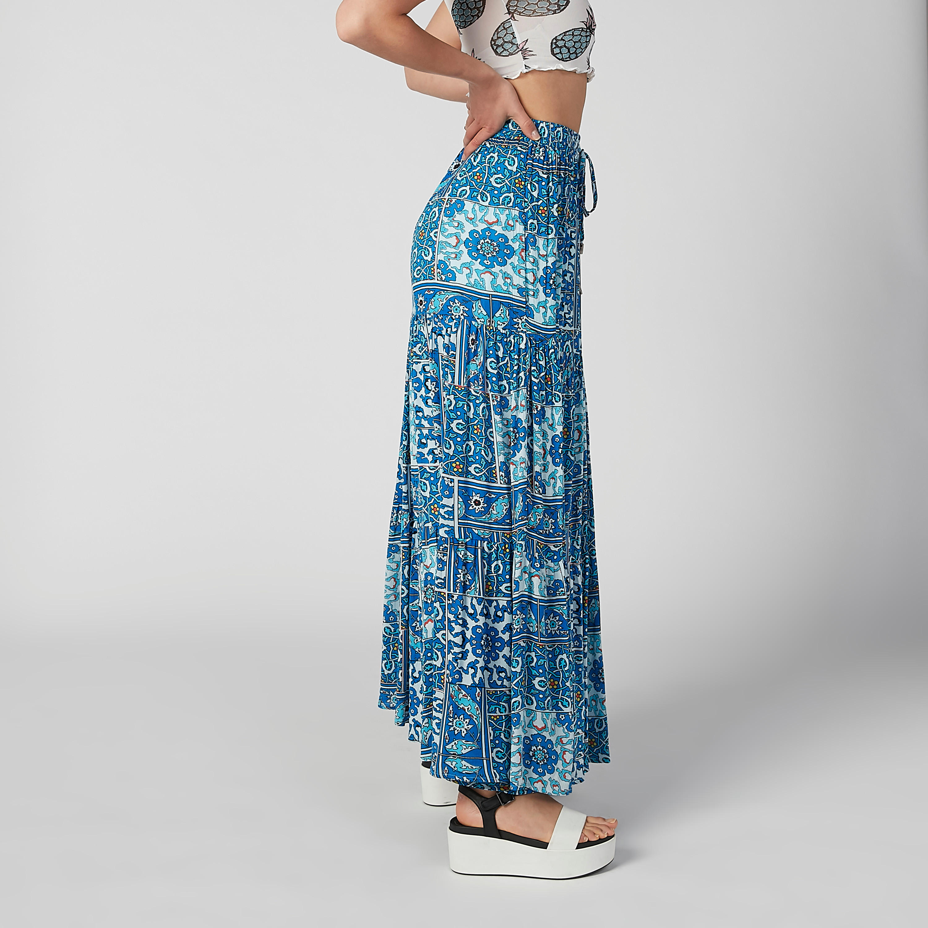 تنورة إيه لاين طويلة بخصر مطّاطي ورباط وطبعات-women-clothing-bottoms-skirts-image-4