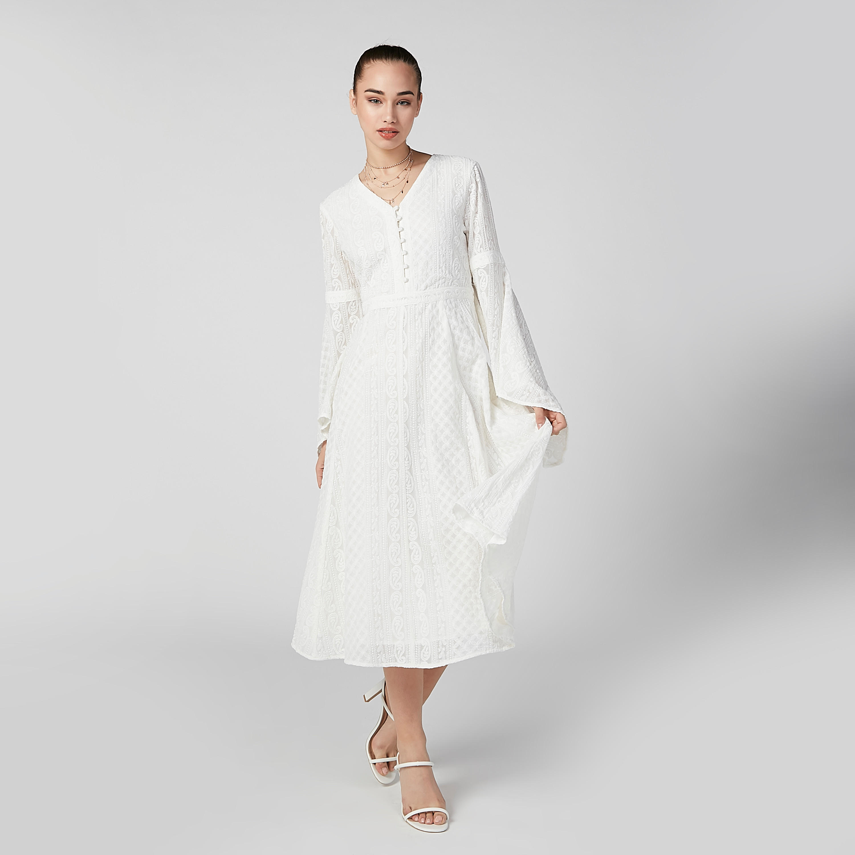 فستان إيه لاين متوسط الطول بارز الملمس بأكمام عريضة-women-clothing-dresses-image-1