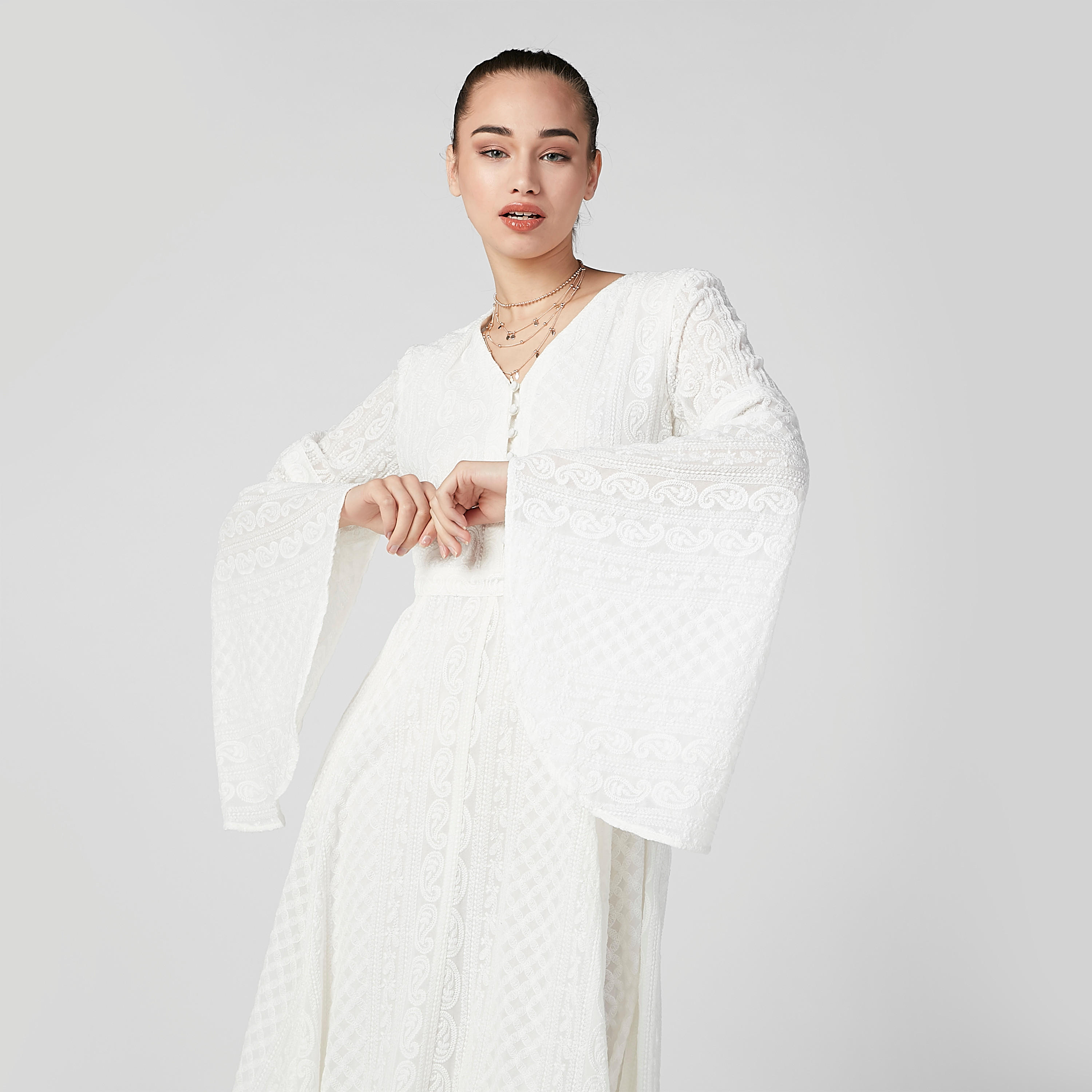 فستان إيه لاين متوسط الطول بارز الملمس بأكمام عريضة-women-clothing-dresses-image-2
