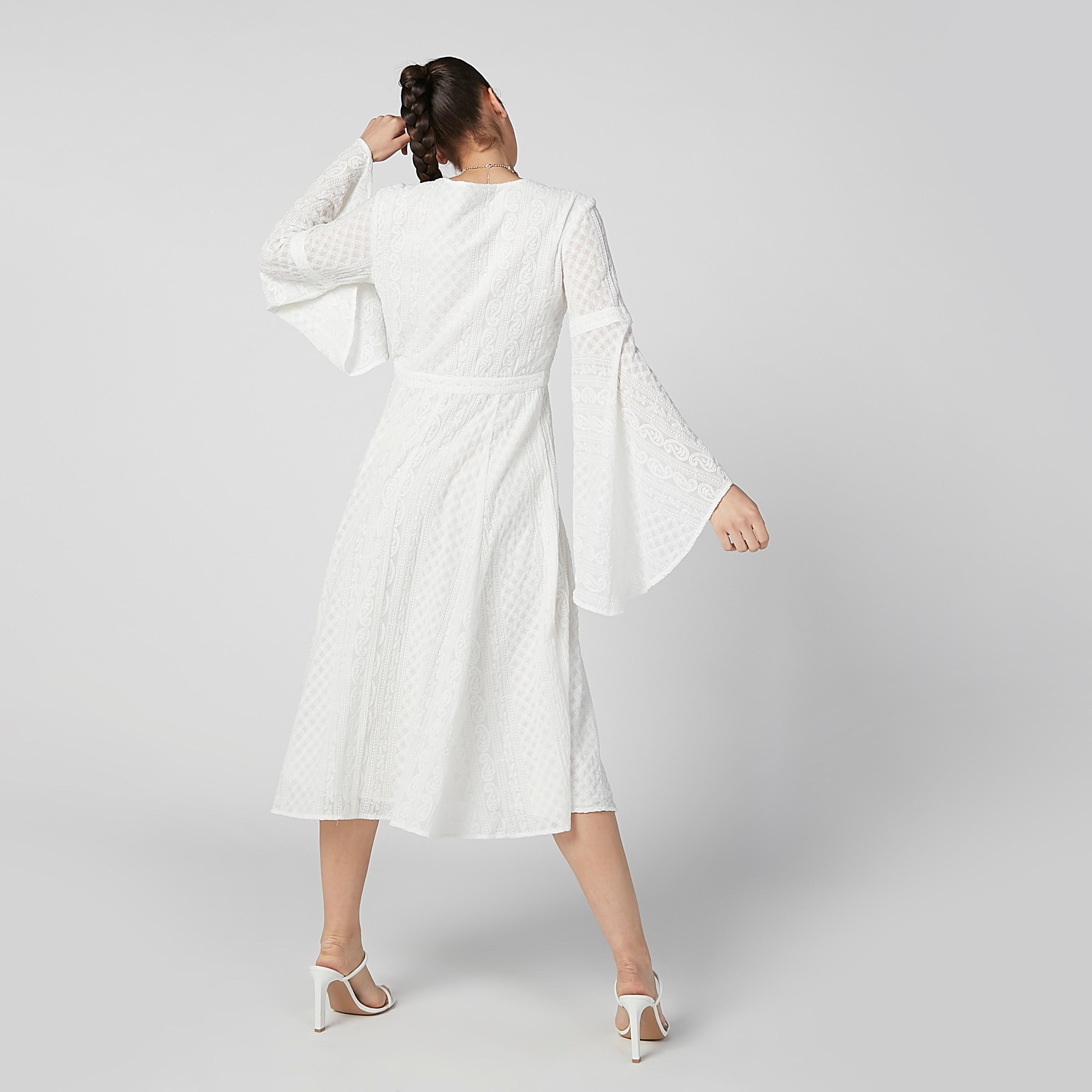 فستان إيه لاين متوسط الطول بارز الملمس بأكمام عريضة-women-clothing-dresses-image-3