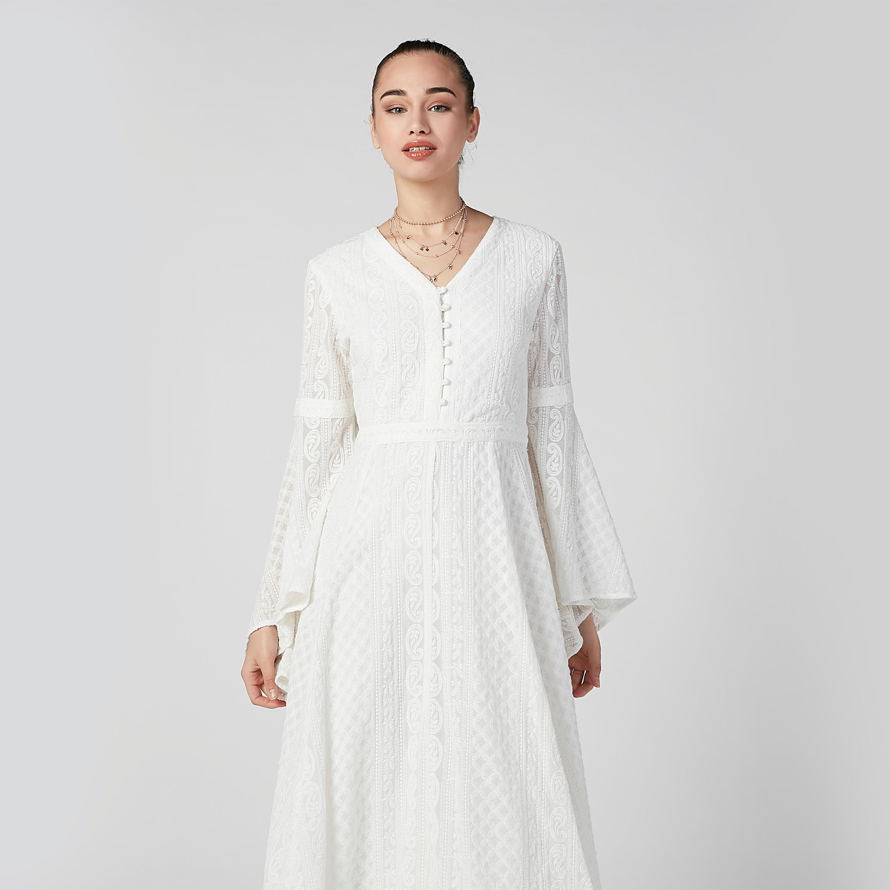 فستان إيه لاين متوسط الطول بارز الملمس بأكمام عريضة-women-clothing-dresses-image-4