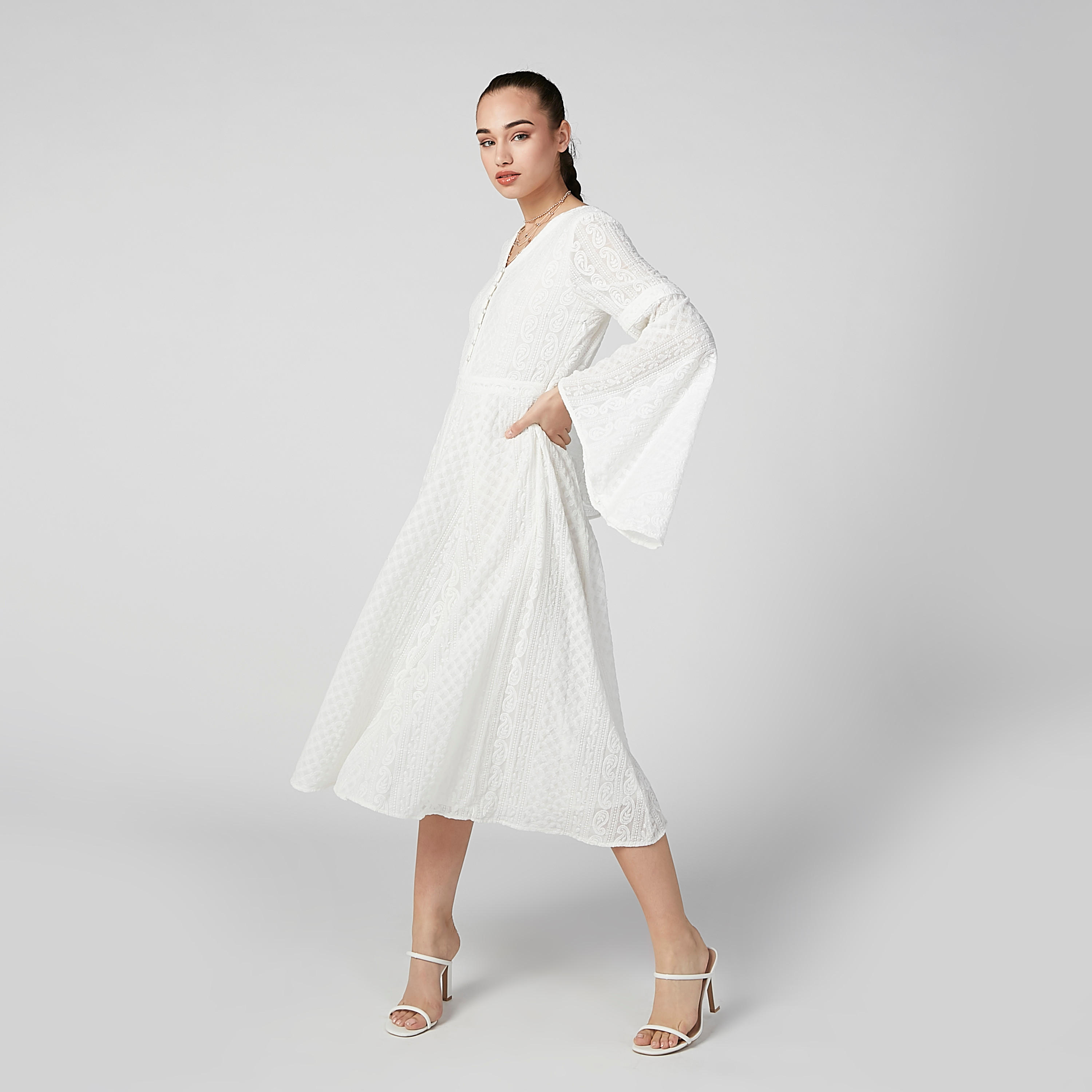 فستان إيه لاين متوسط الطول بارز الملمس بأكمام عريضة-women-clothing-dresses-image-5