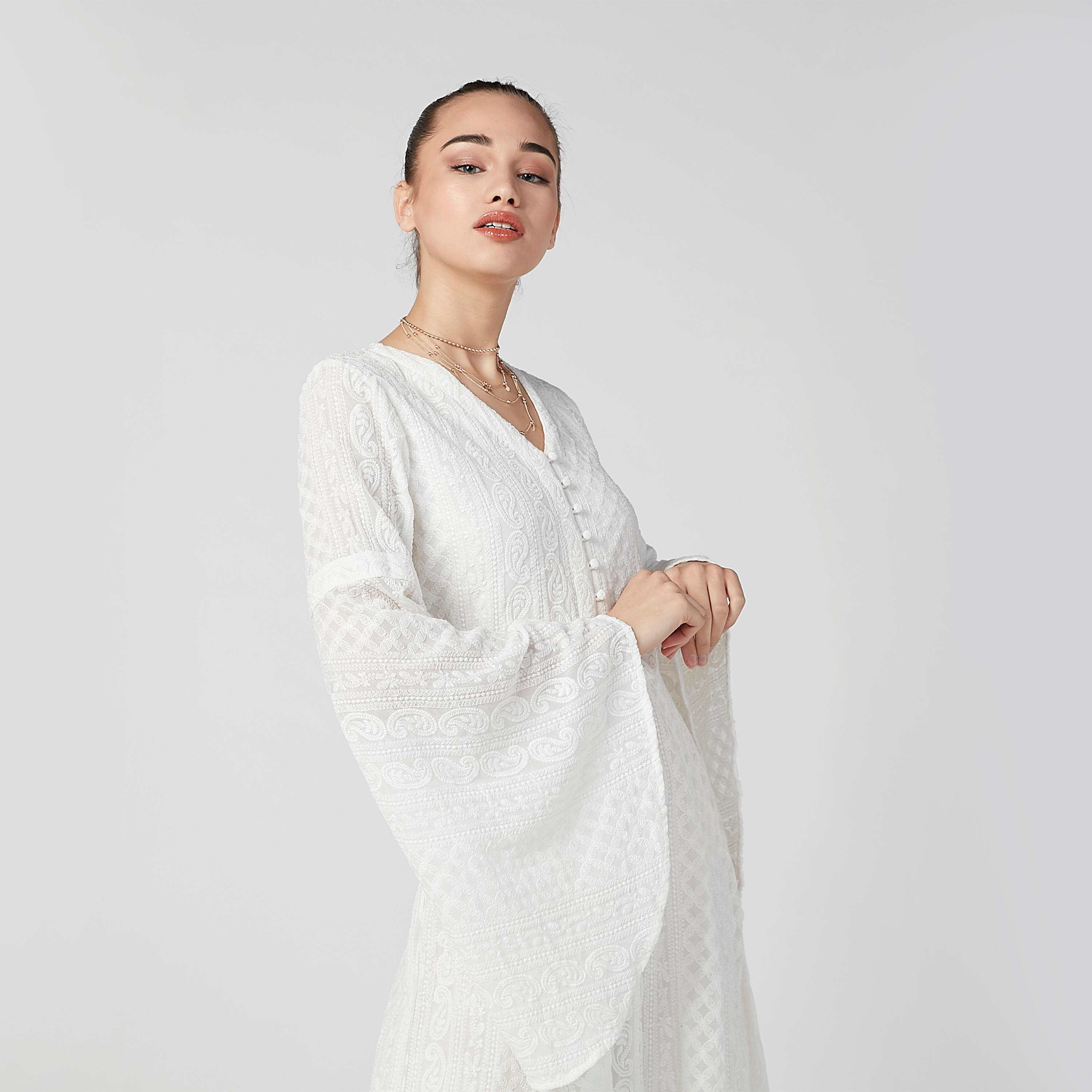 فستان إيه لاين متوسط الطول بارز الملمس بأكمام عريضة-women-clothing-dresses-image-7