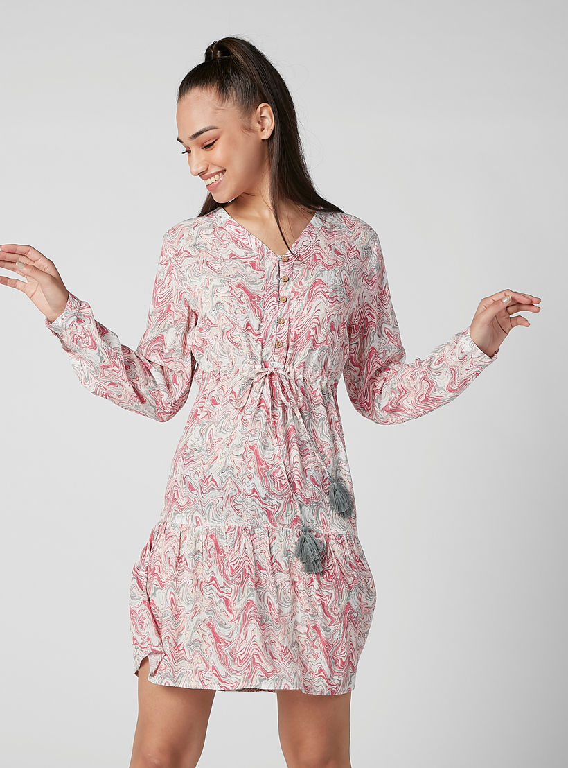 Sustainable Printed Midi A-line Dress with Long Sleeves and Tie Ups-women-clothing-dresses-image-1