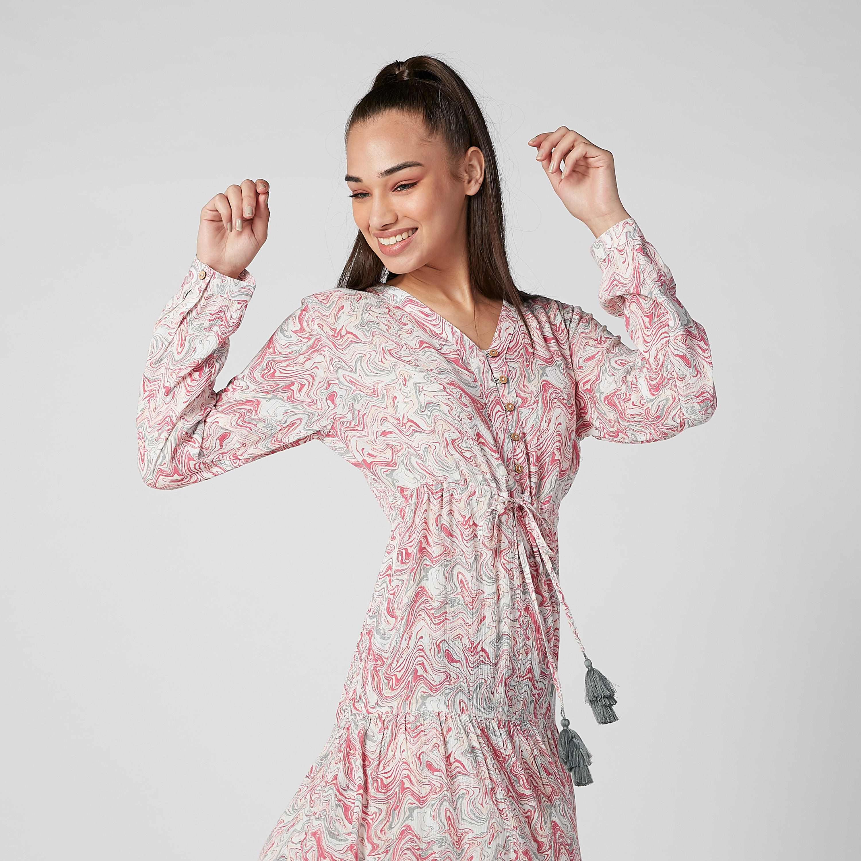 Sustainable Printed Midi A-line Dress with Long Sleeves and Tie Ups-women-clothing-dresses-image-5