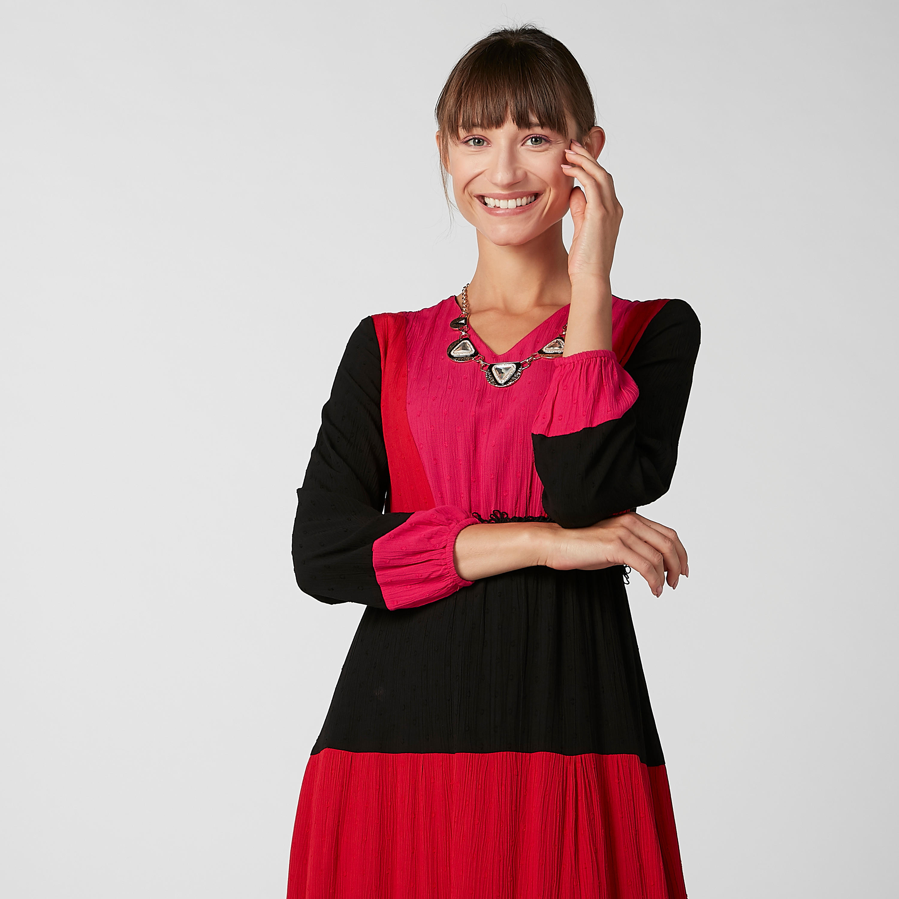 فستان طويل مستدام إيه لاين بارز الملمس بأكمام طويلة-women-clothing-dresses-image-3