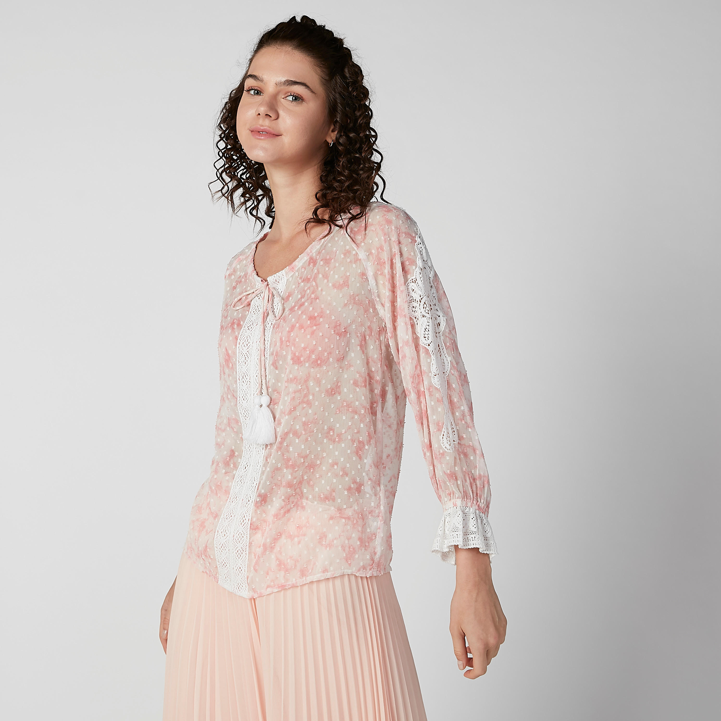 Textured Top with Flounce Sleeves and Tie-Ups-women-clothing-shirtsandblouses-blouses-image-2