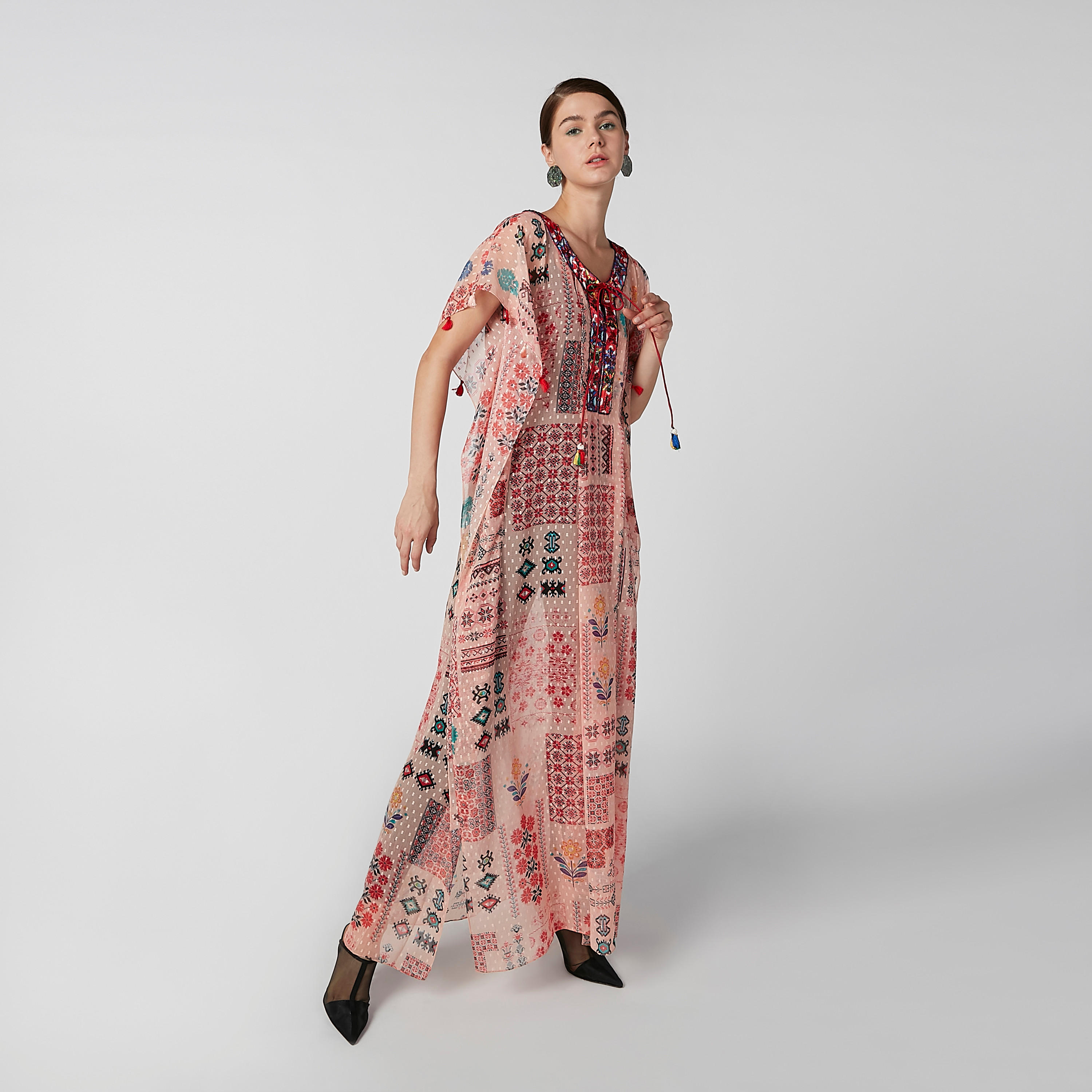 فستان ماكسي إيه لاين بياقة V وأكمام قصيرة وطبعات-women-clothing-dresses-image-1