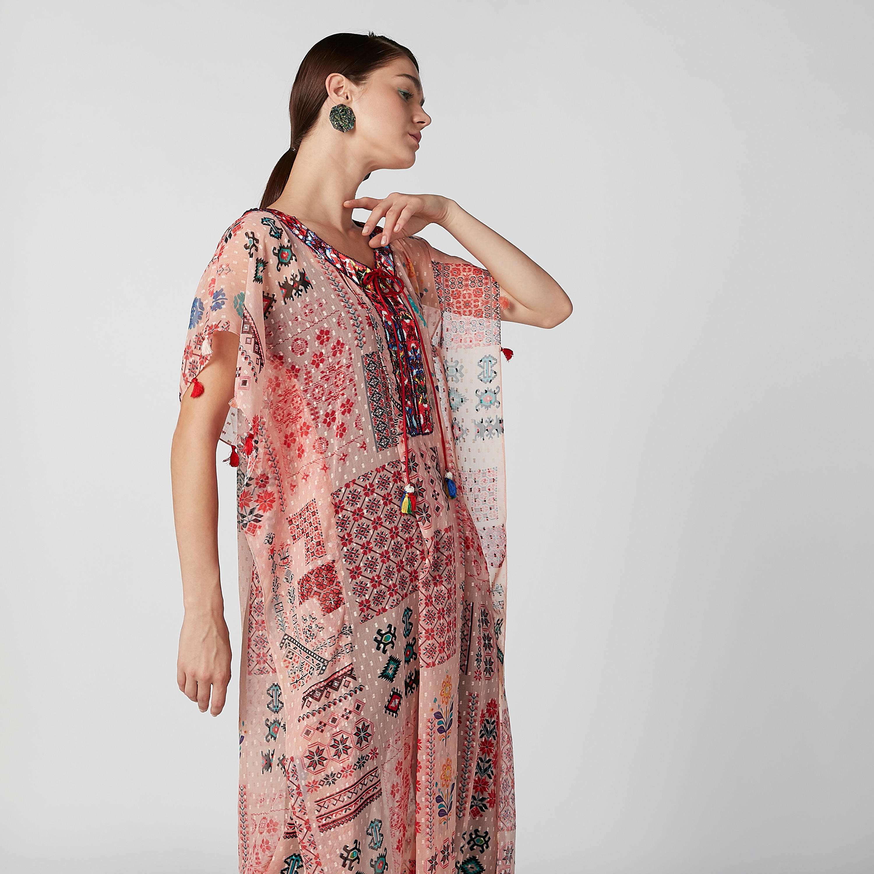 فستان ماكسي إيه لاين بياقة V وأكمام قصيرة وطبعات-women-clothing-dresses-image-4
