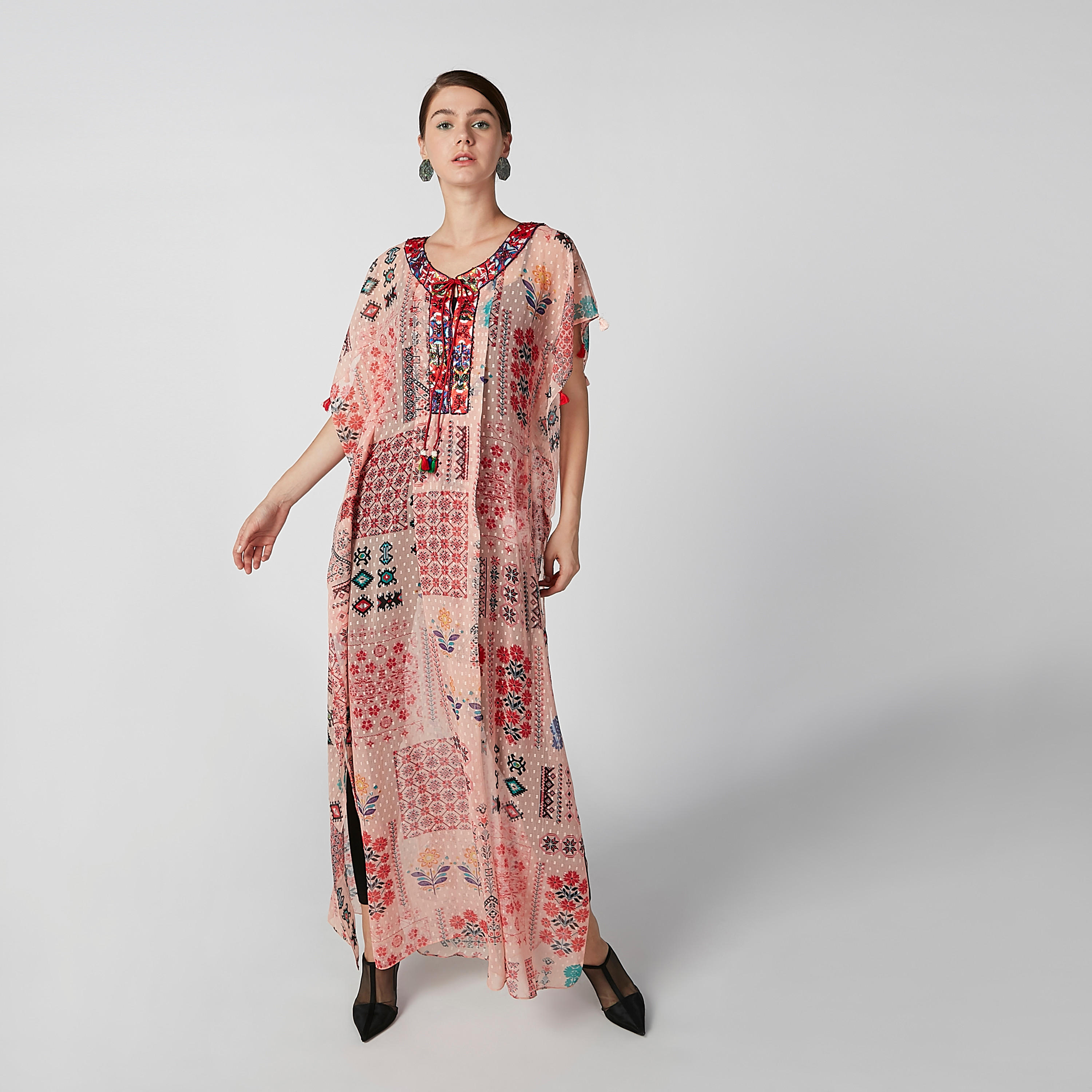 فستان ماكسي إيه لاين بياقة V وأكمام قصيرة وطبعات-women-clothing-dresses-image-5