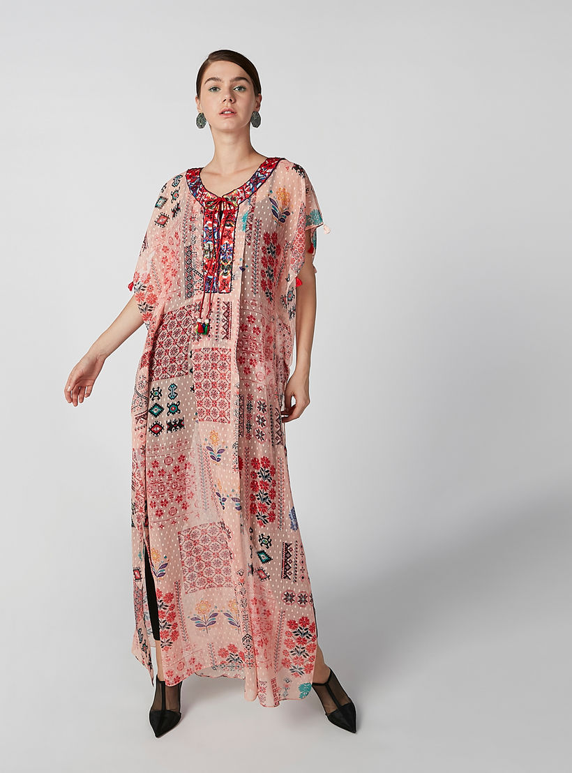 فستان ماكسي إيه لاين بياقة V وأكمام قصيرة وطبعات-women-clothing-dresses-image-5