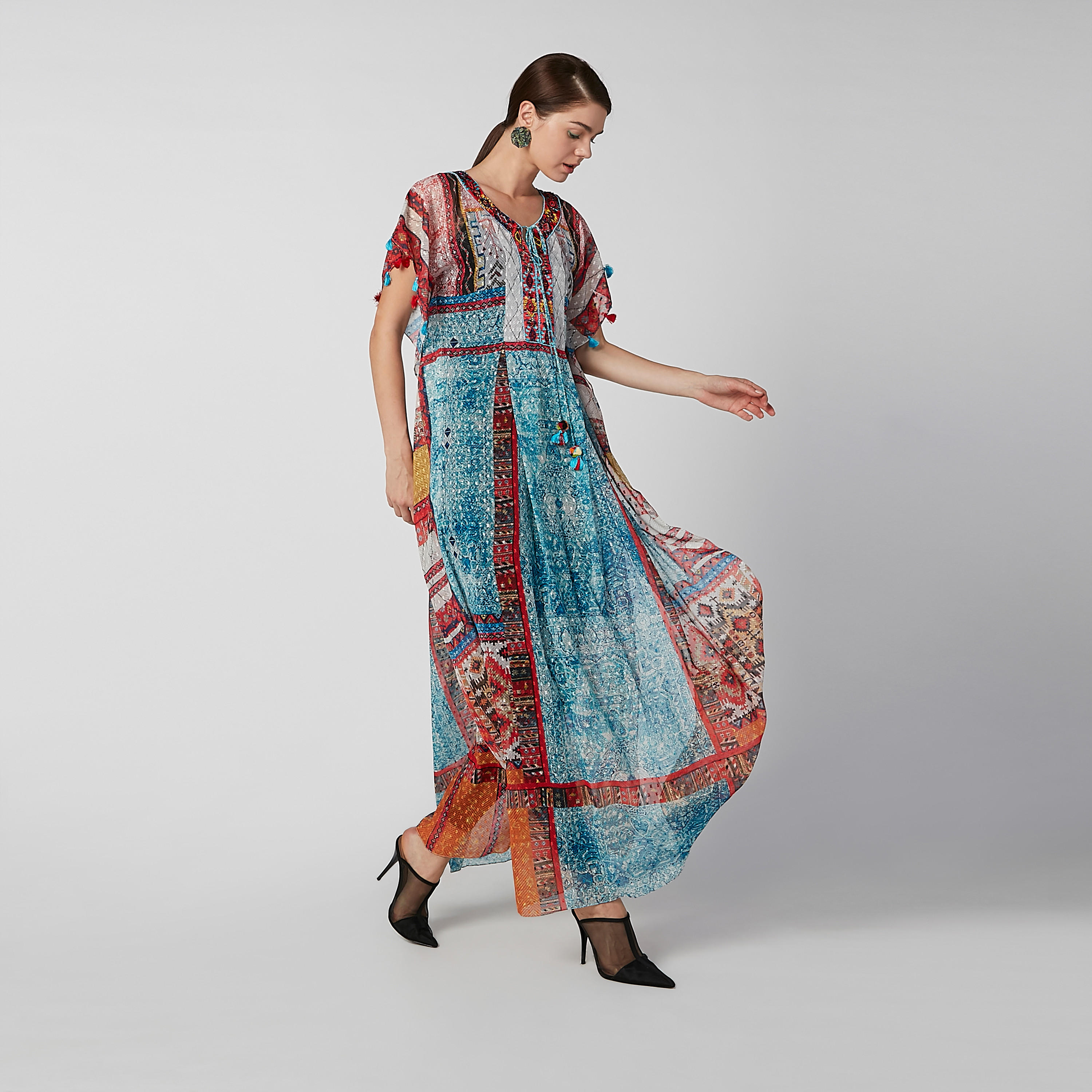 فستان ماكسي إيه لاين بياقة V وأكمام قصيرة وطبعات-women-clothing-dresses-image-1