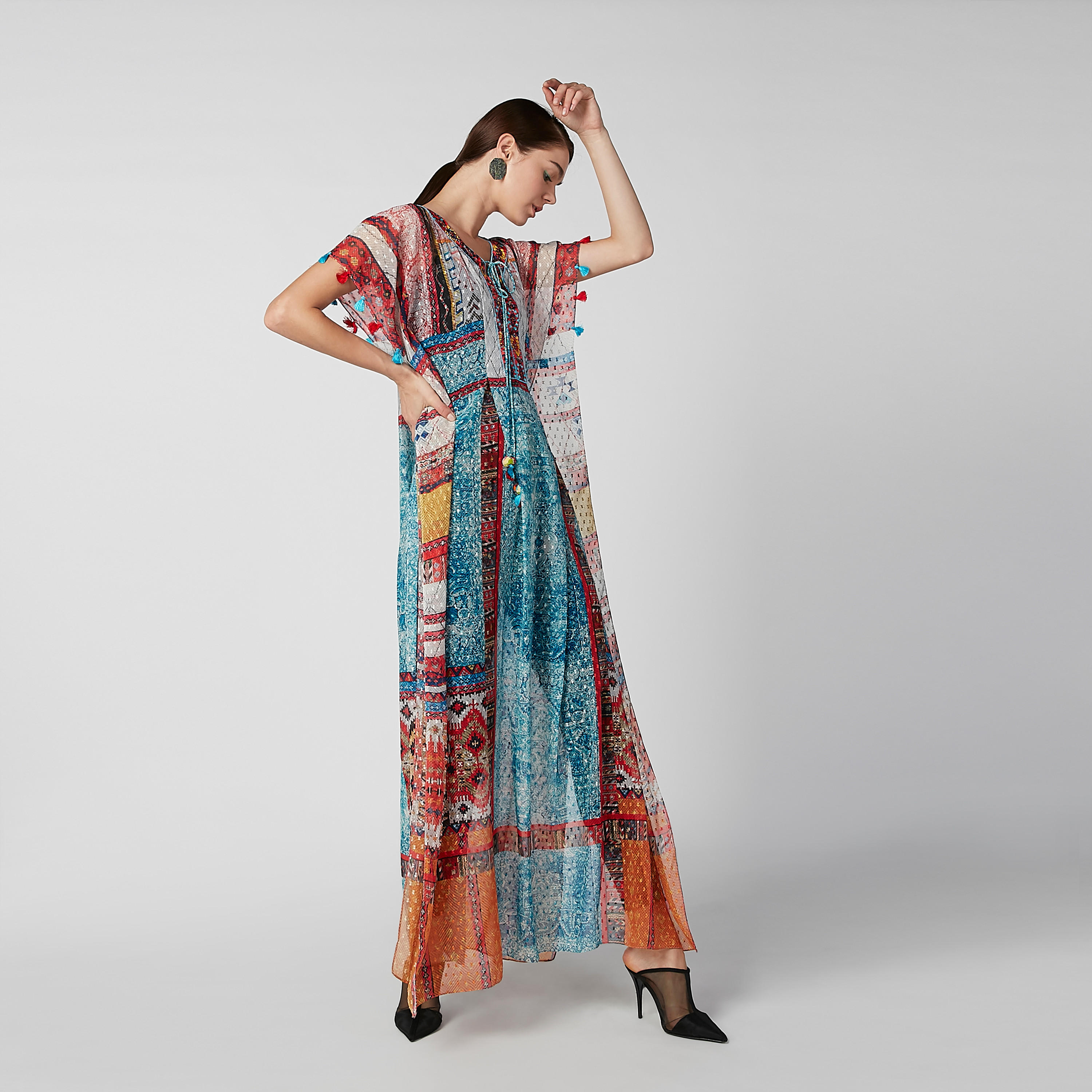 فستان ماكسي إيه لاين بياقة V وأكمام قصيرة وطبعات-women-clothing-dresses-image-2