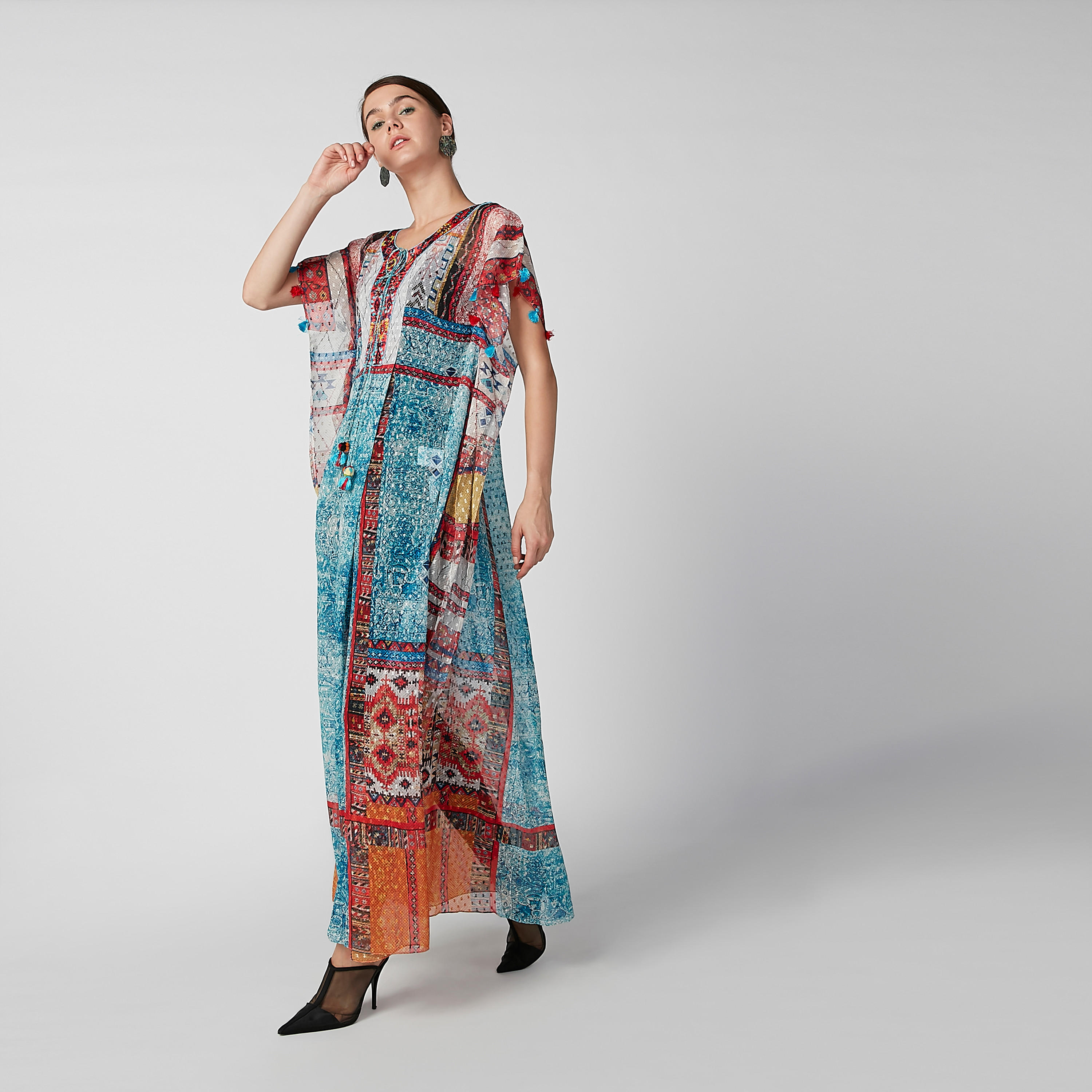 فستان ماكسي إيه لاين بياقة V وأكمام قصيرة وطبعات-women-clothing-dresses-image-3
