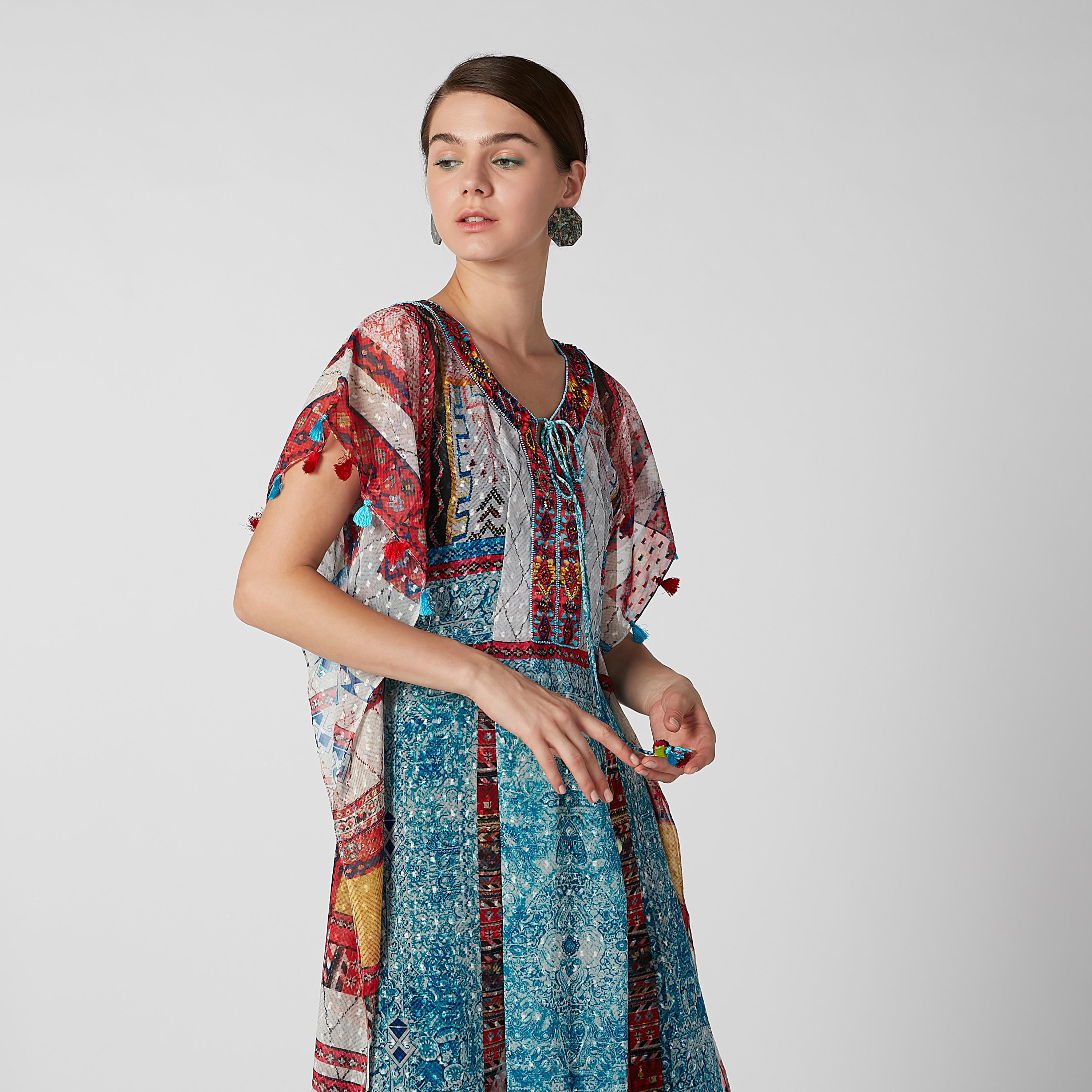 فستان ماكسي إيه لاين بياقة V وأكمام قصيرة وطبعات-women-clothing-dresses-image-4
