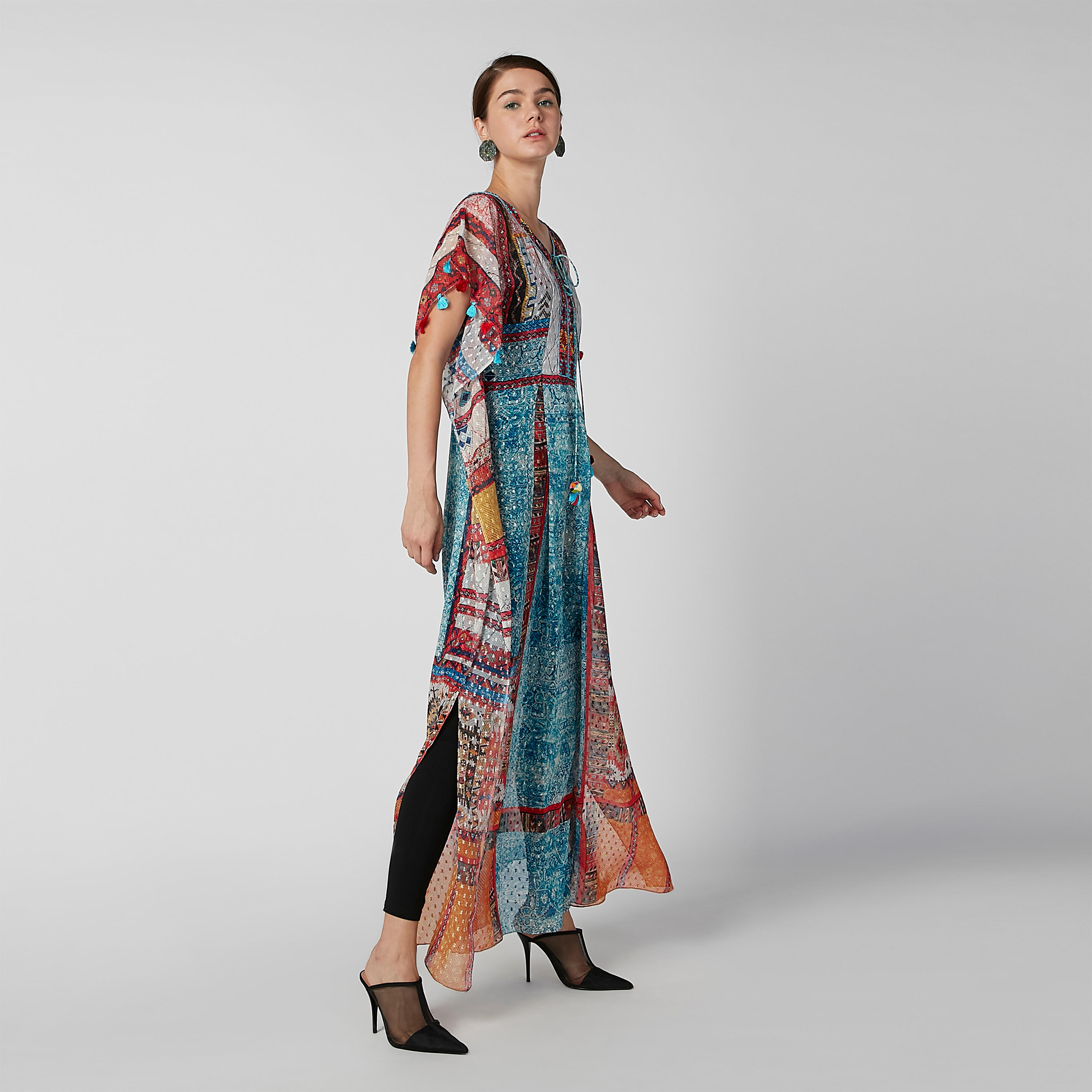 فستان ماكسي إيه لاين بياقة V وأكمام قصيرة وطبعات-women-clothing-dresses-image-5