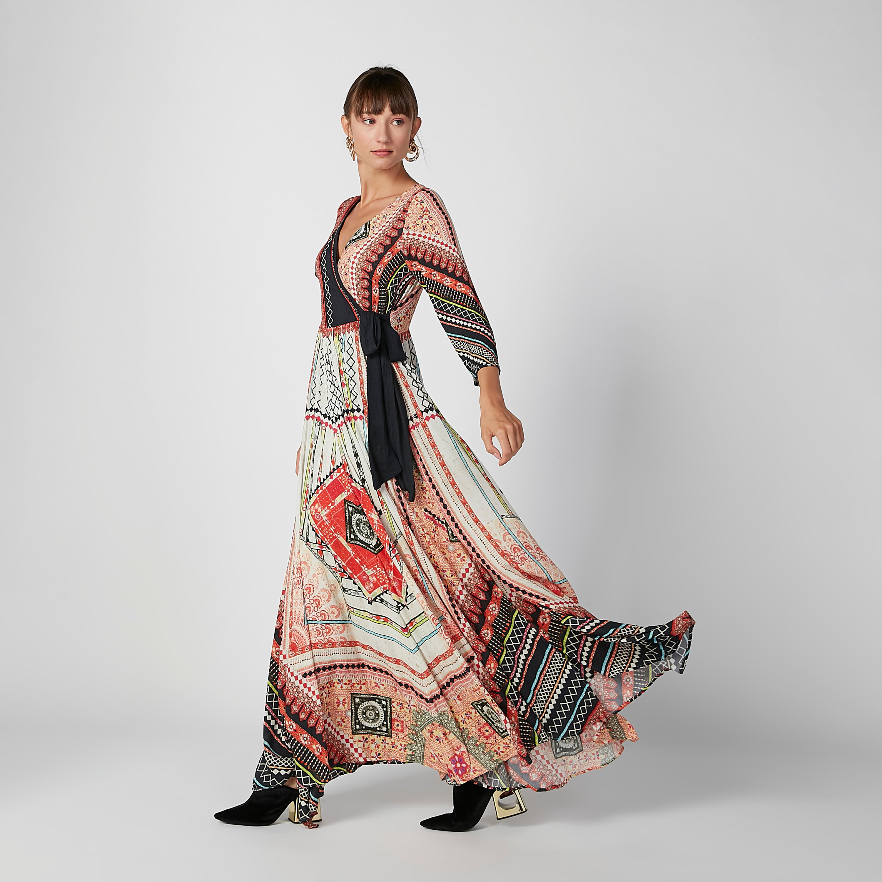 فستان طويل إيه لاين بأكمام 3/4 وأربطة وطبعات-women-clothing-dresses-image-1