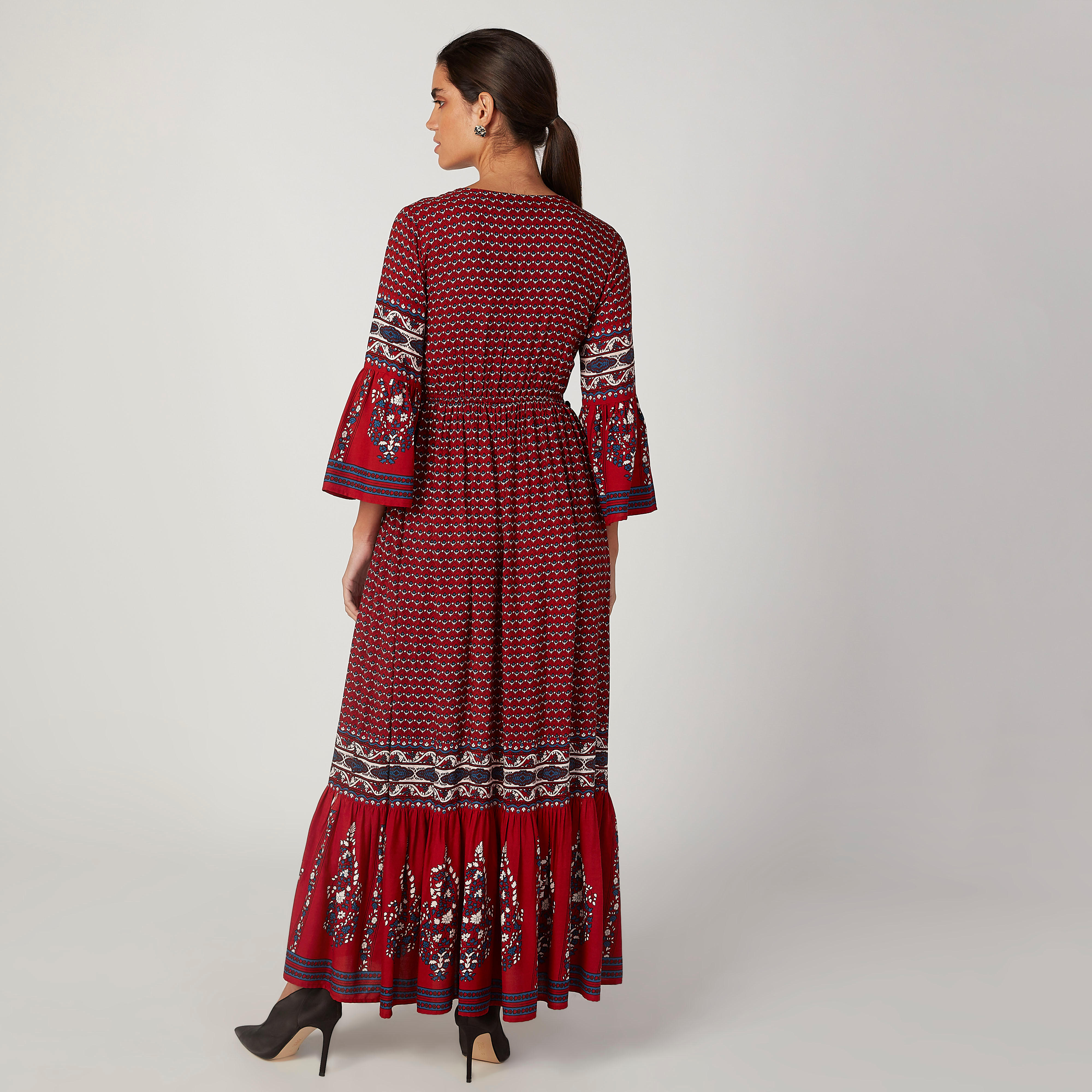 Printed Maxi A-line Dress with V-neck and Flounce Sleeves-women-clothing-dresses-image-3