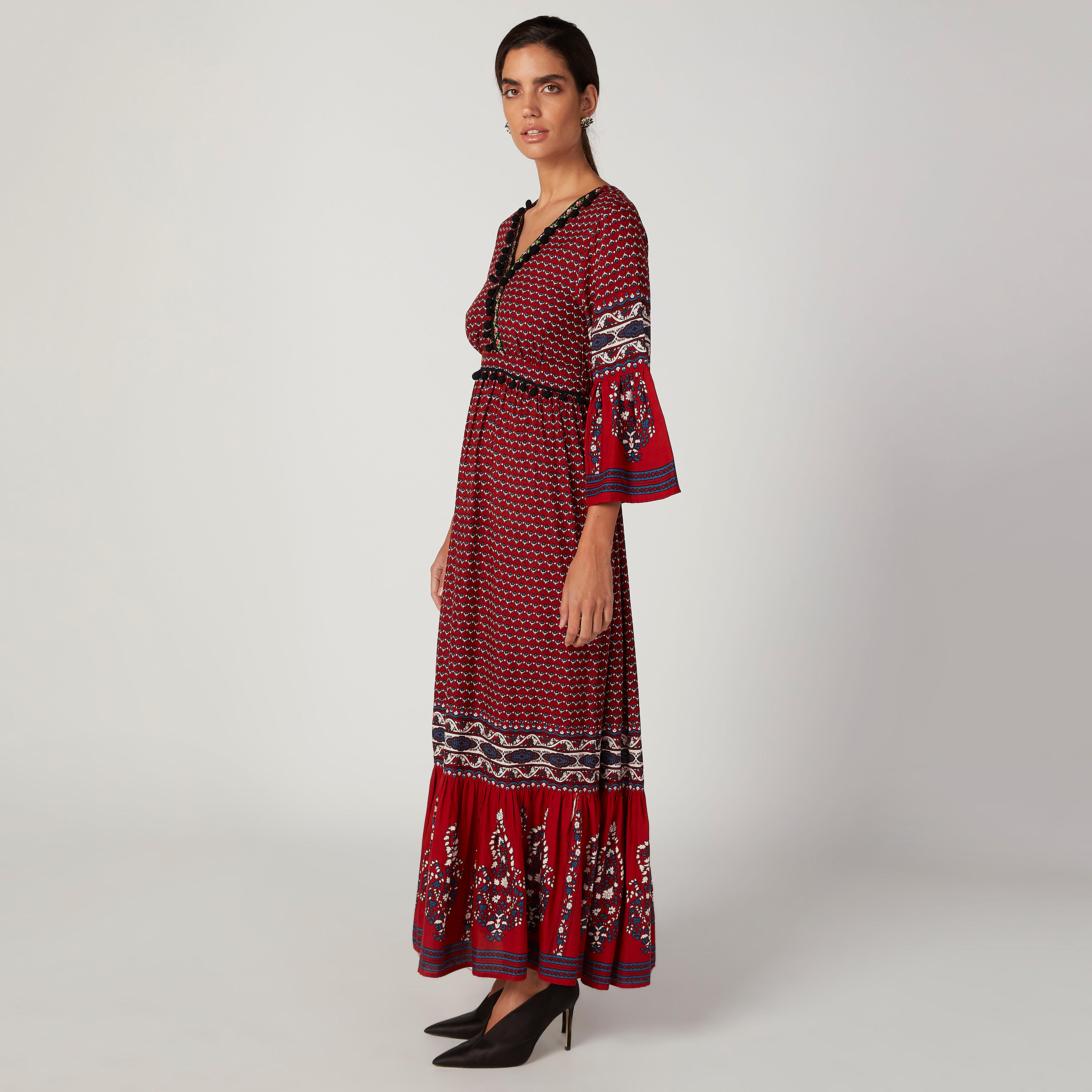 Printed Maxi A-line Dress with V-neck and Flounce Sleeves-women-clothing-dresses-image-4