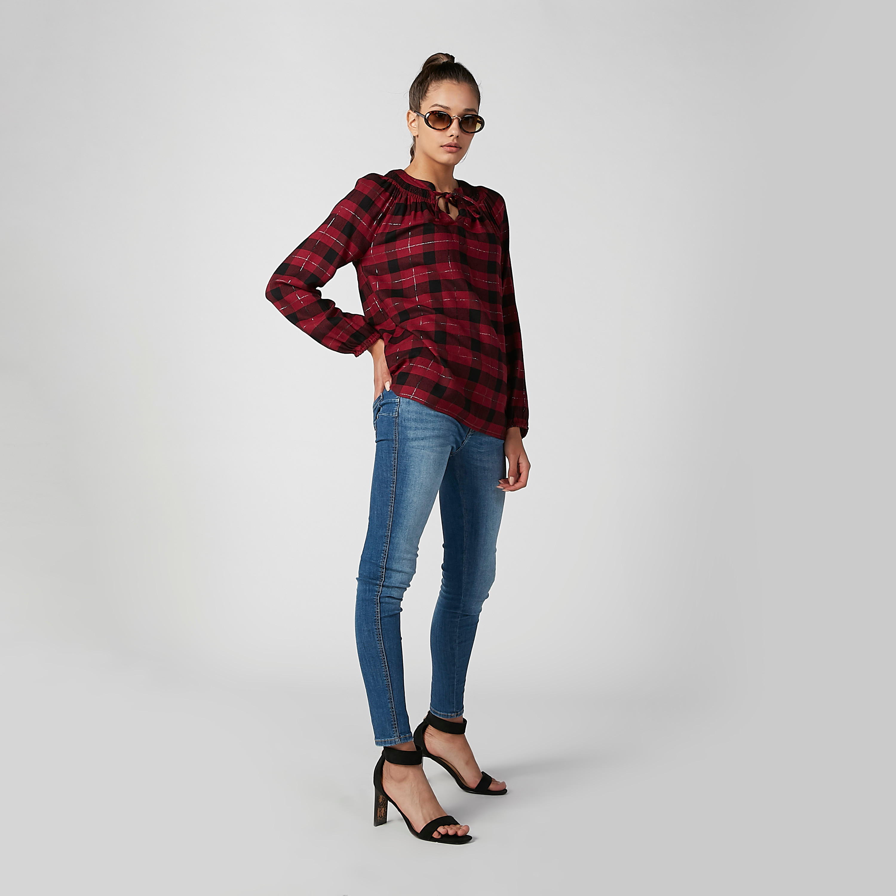 Chequered Shirt with Long Sleeves and Tie Ups-women-clothing-shirtsandblouses-shirts-image-1