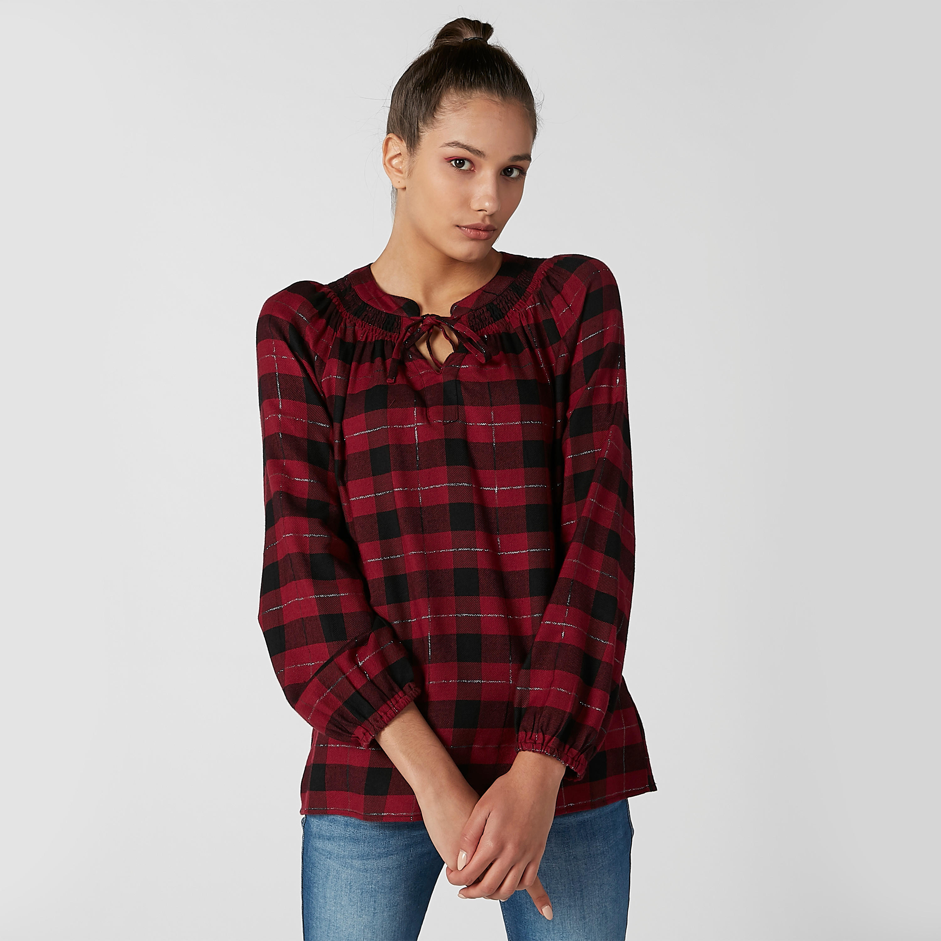 Chequered Shirt with Long Sleeves and Tie Ups-women-clothing-shirtsandblouses-shirts-image-2
